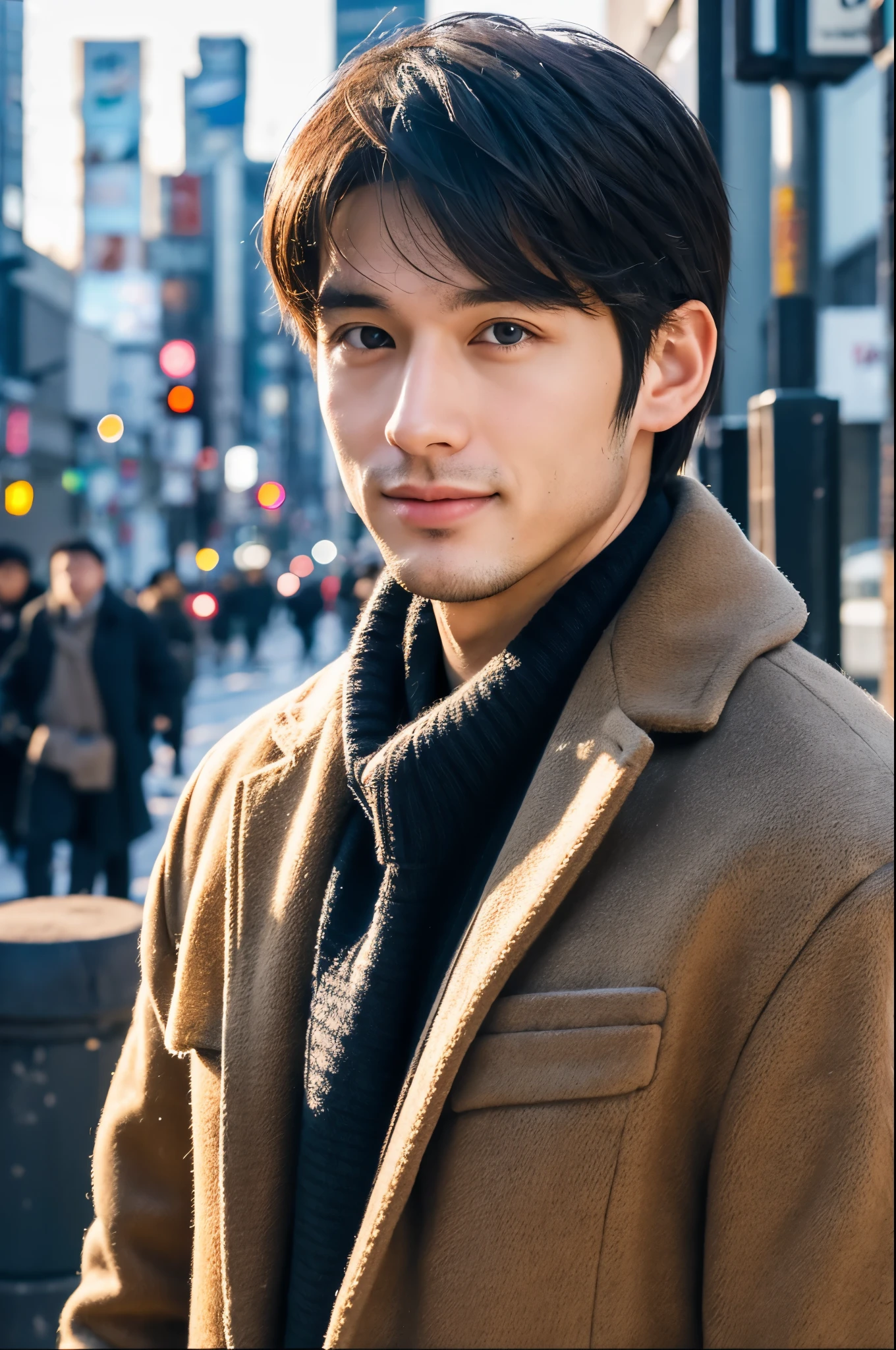 Photorealsitic, 8K full body portrait, a handsome, a 25-year-old man, A charming expression, detailed face details, TOKYOcty, Winters, Shibuya in the background