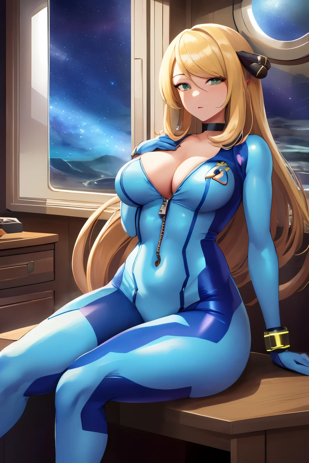 masterpiece, best quality, highres, cynthia, solo, cleavage, bikesuit, blue bodysuit, choker, large breasts, ((unzipping:1.3)), (open bodysuit), gloves, green eyes, blond, long hair, (visible navel), sitting down, (space visible through window), starry sky, inside spaceship, (hair ornaments), toned body