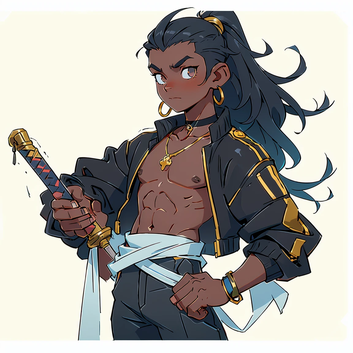 the mirror, black and white colors, boy
nose and mouth of a black person,
small golden piercings in the ears, with side-shaved hair,
half Brazilian and half black, 18 years old, looking younger,
dark hair, wearing a necklace with golden panther teeth, shirtless, with a jaguetta with gold details, holding an African sword in his left hand, holding a short African spear in his right hand, shirtless under his jacket,
curly hair.