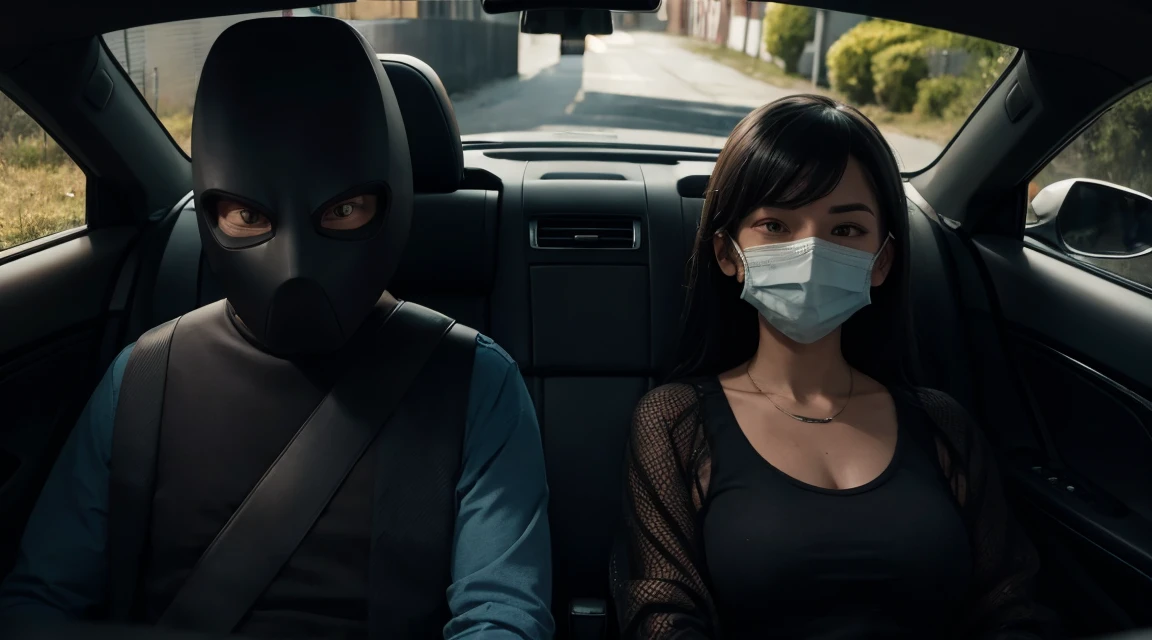 2 creepy people wearing uncanny masks in a car in the back roads