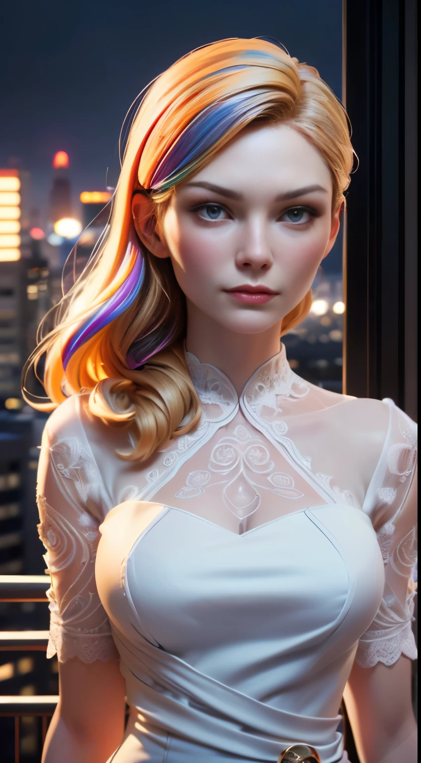 photo of Kirsten Dunst, RAW, beautiful woman, ((portrait)), ((detailed face:1.2)), ((detailed facial feature, detailed skin, clear skin), (perfect proportioned body), (wearing a colorful dress) (high detailed city environment, apartment balcony), (realistic photo, best quality, detailed), (8k wallpaper), (cinematic lighting, dramatic lighting) (sharp focus, intricate)