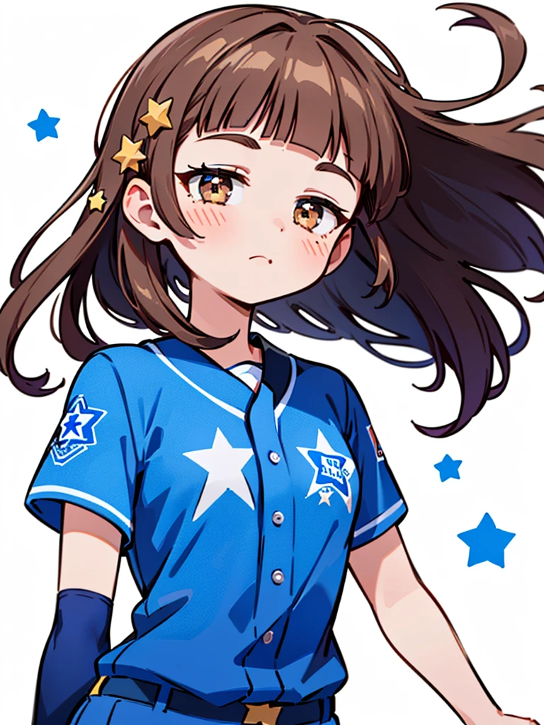 1girl, (solo), bow,
((Blunt bangs)), brown hair, brown eyes, long straight hair, ((silver-star-hairpin on her right bang)), ((baseball uniform)), ((blue stripe uniform)), ((Yokohama DeNA Baystars)), simple white background, defense, ((stepping)), closed mouth, 
masutepiece, ultra-detailliert, best quality, 4K, 8K,