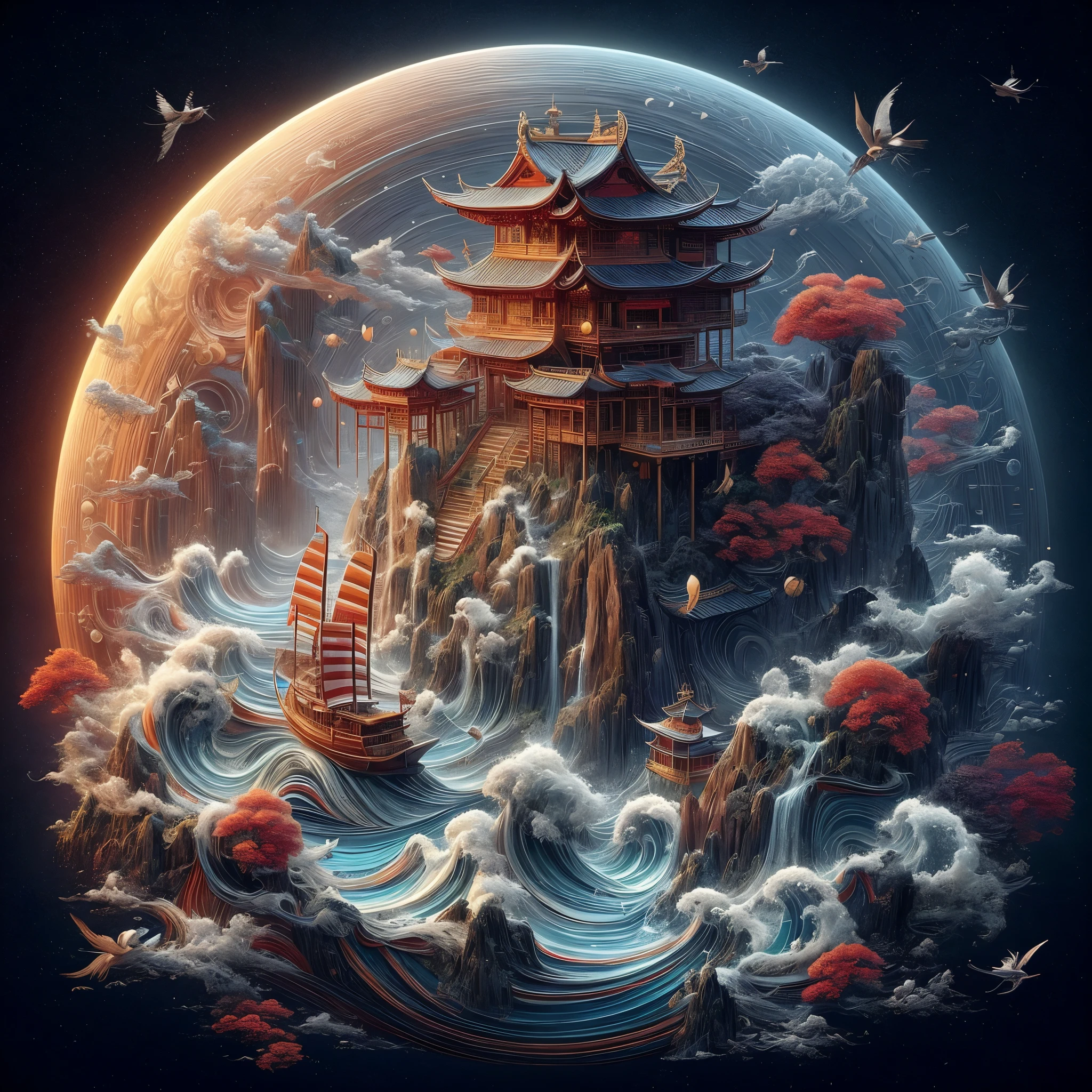 painting of a boat, floating in the ocean near the mountain, 4k high detailed digital art, chinese fantasy, detailed fantasy digital art, beautiful digital artwork, Stunning 8k artwork, 4k detailed digital art, high detailed digital art, elaborate digital art, mind-bending digital art, Immersive digital art, great digital art with details