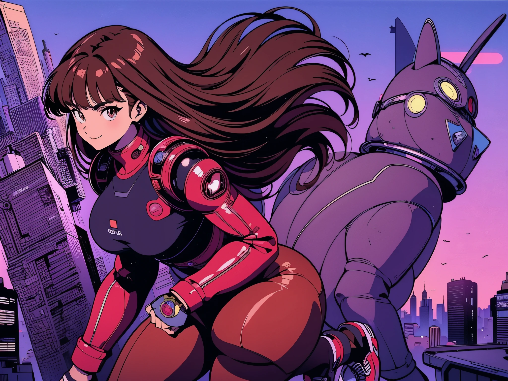 90's vintage anime, robotics, scifi, futuristic, surrealism, akira style, body suit, detailed line art, fine details, Best quality, 1 girl, long brown hair, brown eyes, sneakers, bangs, medium breast, slim, smile, wide hips, city, looking at the viewer, high res, ultra sharp, masterpiece