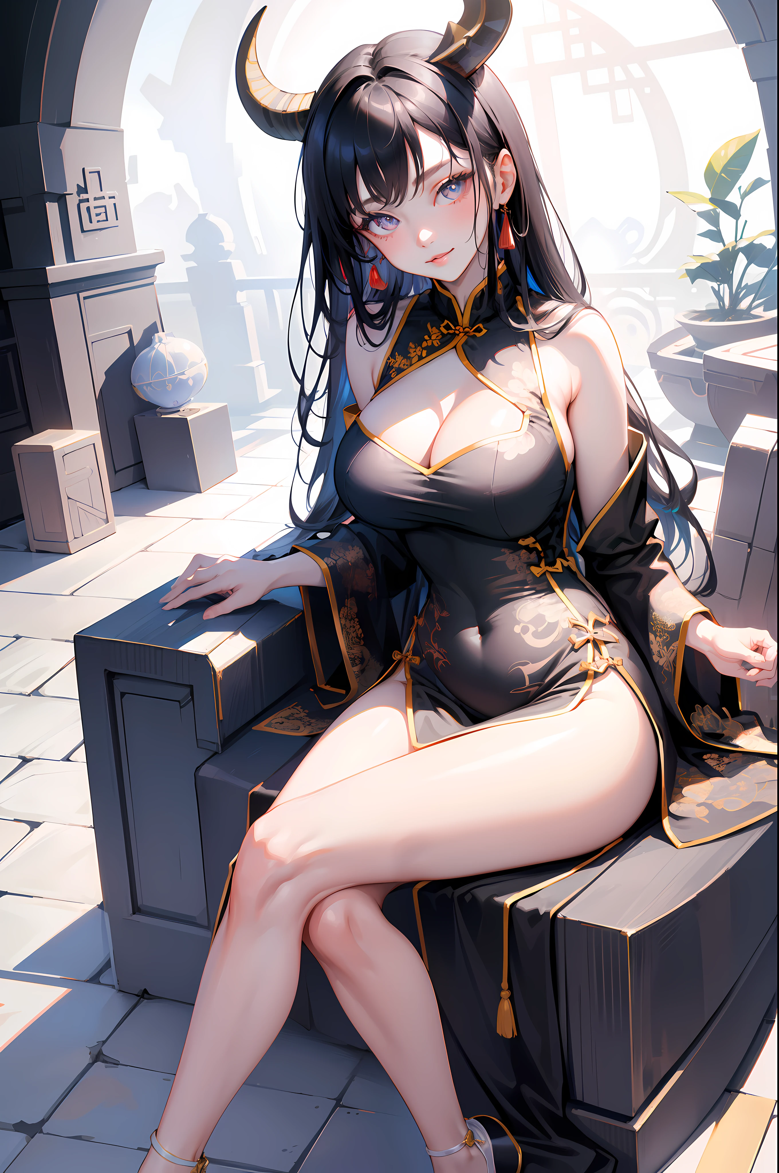 [(white backgrounid:1.5)::5], (imide shot:0.95), (full bodyesbian:1.25), dynamic angle, [Bottle bottom],(fish eye:1.4), (fade:1.3),Colorful,(tmasterpiece:1,2), Best quality at best,极其细致的CG 8k壁纸,Best quality at best, tmasterpiece, A high resolution, Original, very detailed wallpaper, (Alone:1.25),Delicate and beautiful face,
,1个Giant Breast Girl, hand on her own chest,nipple chain_thongs,light  smile,heart - shaped pupils, brunette color hair,cowbell,long whitr hair, ,horn,, exposed bare shoulders,(Large breasts:1.2), (Chinese dress:1.5),Chopping, (sitted:1.3),