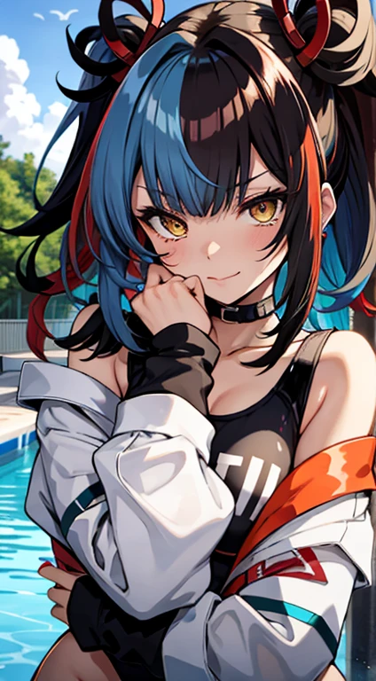 nsfw,Seishonagon, 1girl in, Solo, Yellow eyes, Twin-tailed, Solo, Blue hair, multicoloRed hair, Black hair, Red hair, Black socks, knee sox,manicure BREAK,((Upper body)),in poolside,(Competitive swimsuit),lying,sexy pose