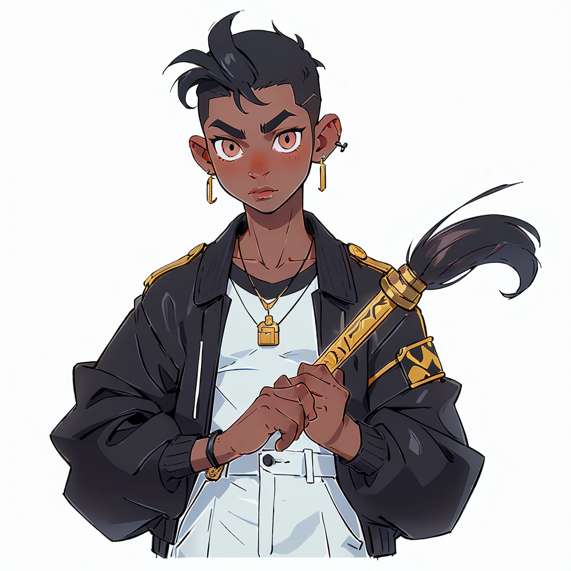 the mirror, black and white colors, boy
nose and mouth of a black person,
small golden piercings in the ears, with side-shaved hair,
half Brazilian and half black, 18 years old, looking younger,
dark hair, wearing a necklace with golden panther teeth, shirtless, with a jaguetta with gold details, holding an African sword in his left hand, holding a short African spear in his right hand, shirtless under his jacket,
(white skin), (((characteristics of a black person))),(((nose of a black person))), (((lips of a black person))),