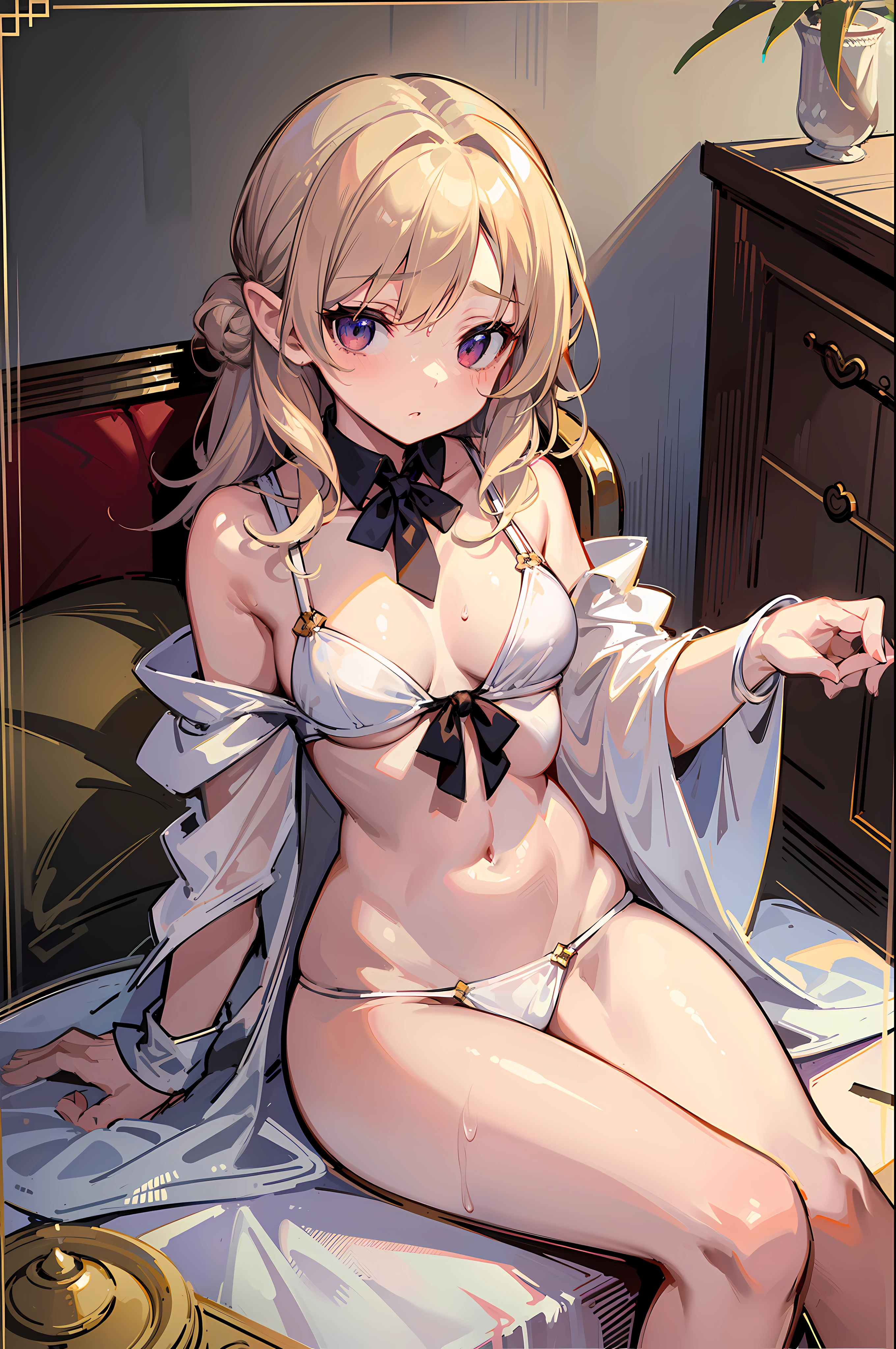 (tmasterpiece), (Best quality at best), (hyper-detailing), (Best Anatomy), offcial art, one-girl, light haired lorie, Petite , Silk robes, Small nedium breasts, Chopping, cropped shoulders, underbust, Side breasts, thighs focus, Navel Out, low angles, soaking wet, nedium breasts, Card illustration, refuge, ln the forest