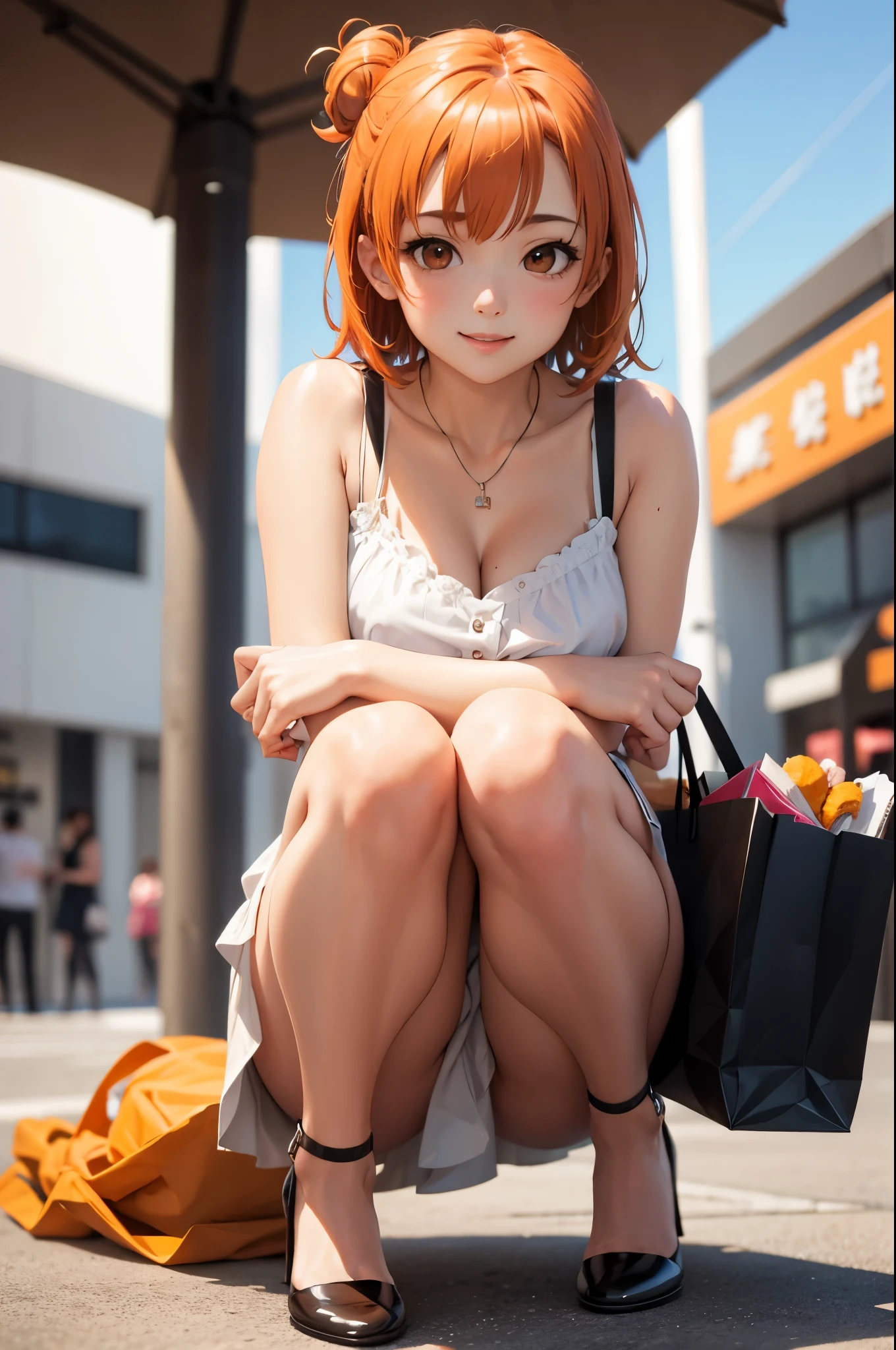 (masterpiece), best quality, expressive eyes, perfect face, highres, 1 girl, solo, yuigahama yui, short hair, (brown eyes:1.5), (orange hair:1.2), hair bun, single hair bun, blouse, black blouse, sleeveless, white bra, skirt, white skirt, ankle strap heels, (black heels), shopping mall background, smiling, squatting, portrait, looking at the viewer,