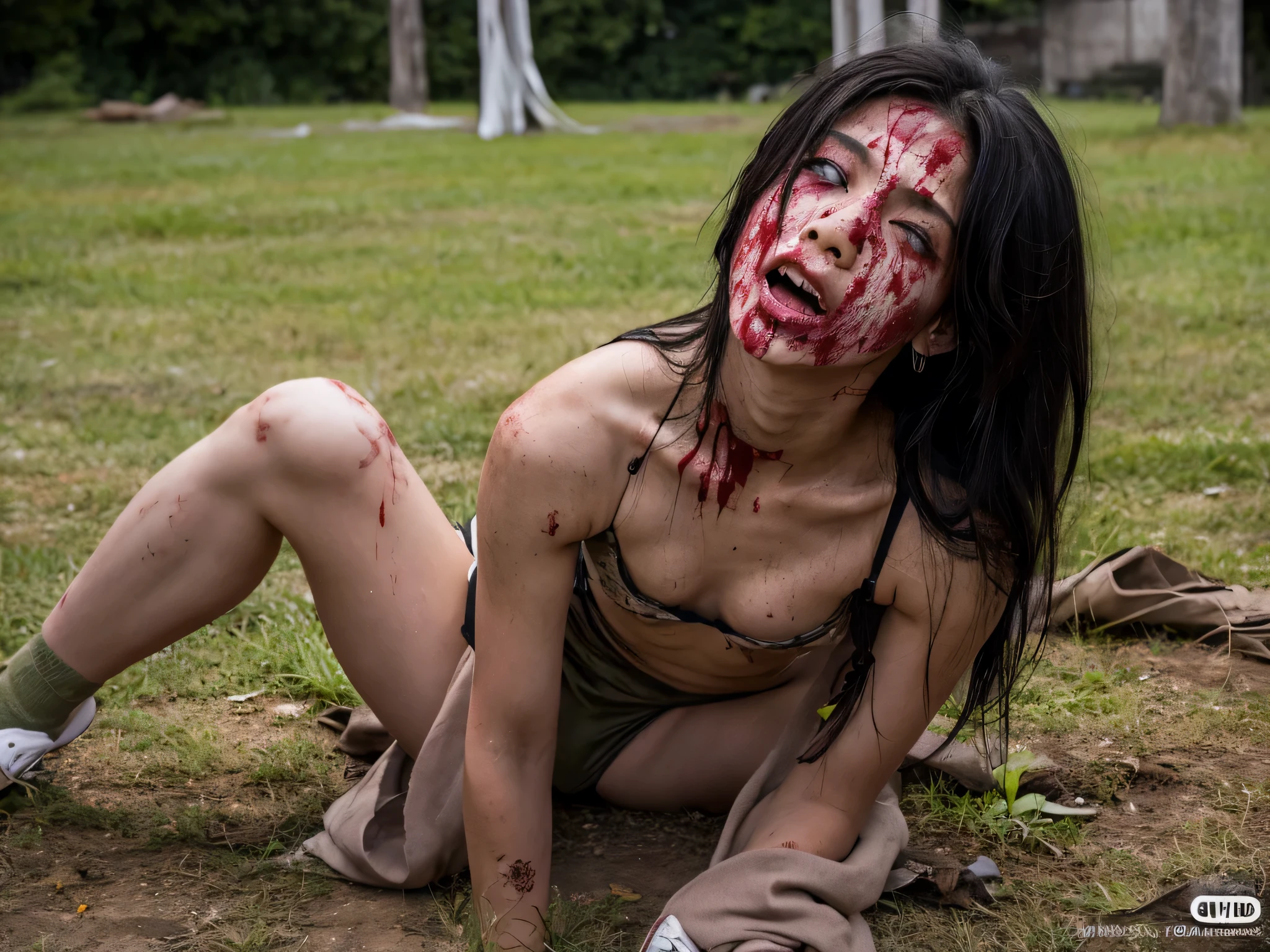 Frontal shot,Sexy Pose, Spread your legs apart,zombie,Bleeding,High resolution, ultra-detailliert, Photorealsitic,dirty skin,負woundsし,realistic blood,lip stick、eye make up、mascara、eye liner、eye shadow、pin heels、Bewitching、vomiting、internal organs protrude、嘔vomit blood、wounds、負woundsし、dirt、vomit blood、Being attacked by a man、、nosebleed、gore expression、Grotesque、Ryona、