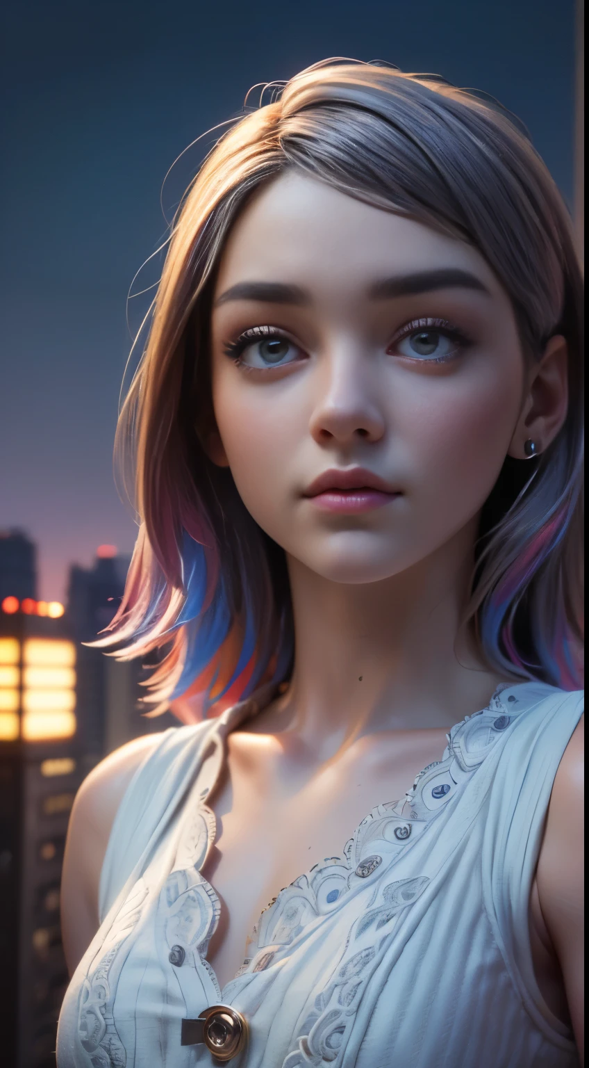photo of Maisie Williams, RAW, beautiful woman, ((portrait)), ((detailed face:1.2)), ((detailed facial feature, detailed skin, clear skin), (perfect proportioned body), (wearing a colorful dress) (high detailed city environment, apartment balcony), (realistic photo, best quality, detailed), (8k wallpaper), (cinematic lighting, dramatic lighting) (sharp focus, intricate)