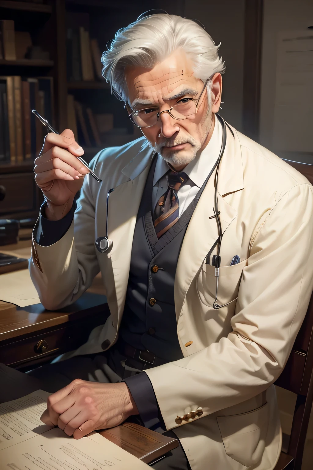 timeless style, 1950s full shot body photo of the most beautiful artwork in the world featuring (ww2) male doctor sitting on a desk nearby, grey hair, old man,  white outfit,(handsome,sexy,hot old male doctor),((detailed face and eyes)), (well defined face, gentleman:1.3 ),focus on male, male focus, man, real human skin,  nostalgia, 1man, stethoscope, heart professional majestic oil painting by Ed Blinkey, Atey Ghailan, Studio Ghibli, by Jeremy Mann, Greg Manchess, Antonio Moro, trending on ArtStation, trending on CGSociety, Intricate, High Detail, Sharp focus, dramatic, photorealistic painting art by midjourney and greg rutkowski