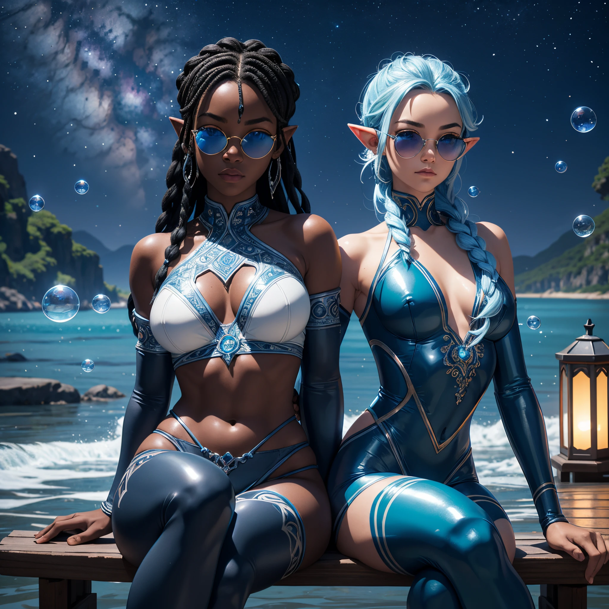 8k, masterpiece, ultra high quality, ultra detailed (real image, intricate detail, depth of field), mysterious atmosphere, African Water Goddess, ebony skin, blue hair, braided hair, , elf ears, blue crystal clear eyes, detailed eyes, casual wear, Celestial atmosphere, moonlight,(superb),(wet skin), fishsca, blue crop top, silver coloured leather trousers, manipulating waves of water, blue scaly skin, thick body, white tattoo, wide hips, ultra wear, Sunglasses, mesmerizing look, celestial aura, sitting on a bench, in recreational park solo focus ,cinematic water bubbles, bubbles everywhere, Night sky