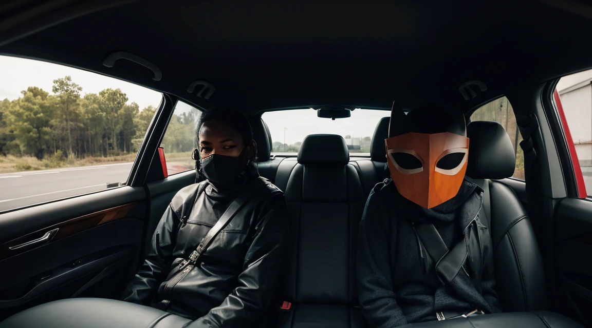 2 people wearing uncanny masks in a car in the back roads