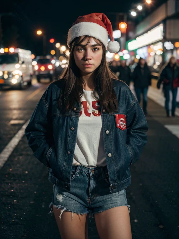 girl with sad look, Santa Claus hat , wearing levis jacket, standing of a busy highway at night.bokeh of vehicle lights,auto focused, ultra detail, hdr photography