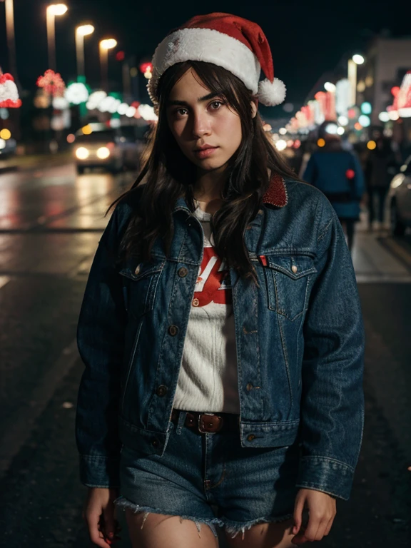 girl with sad look, Santa Claus hat , wearing levis jacket, standing of a busy highway at night.bokeh of vehicle lights,auto focused, ultra detail, hdr photography