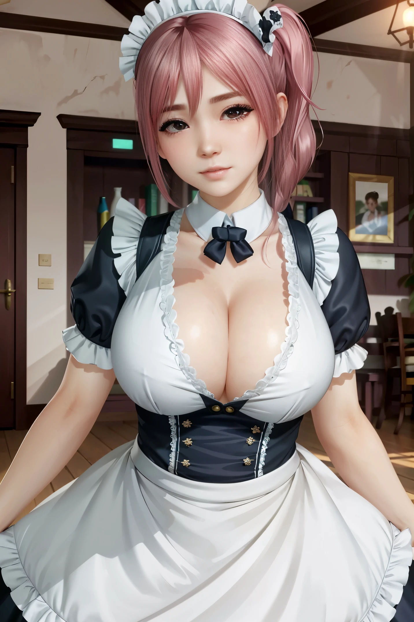(master part, best quality:1.3)
DOAHonoka, 1girl, sozinho, cabelos longos, seios, large seios, coxas, arco, clivagem, olhos castanhos, corpo inteiro, cabelo rosa, avental, salto alto, white coxas, punhos, maid, maid headdress, colarinho destacado, um lado para cima, maid avental nsfw