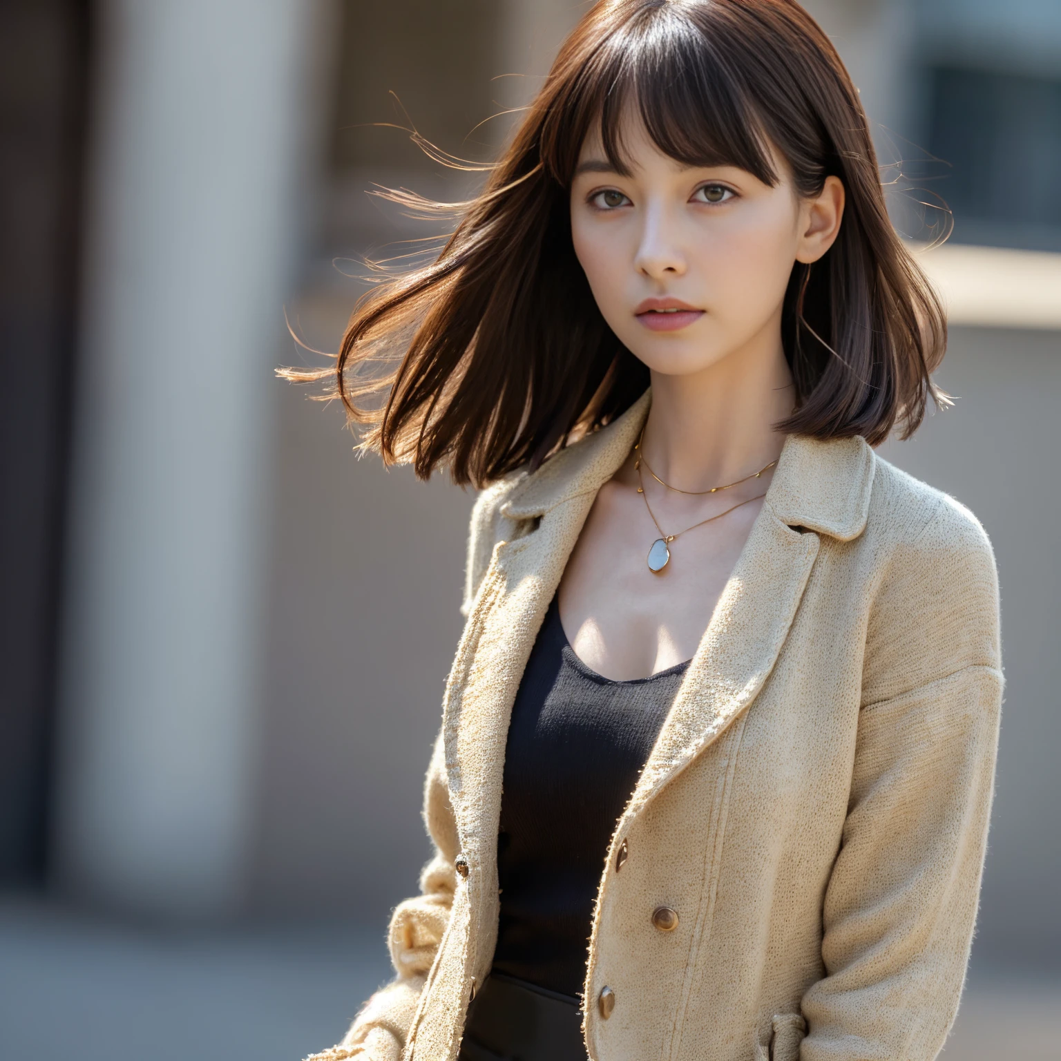 ((Medium chest, Bob Hare, small head)), Daylight, Sunlight, (well-defined abs: 1.1), (Perfect body: 1.1), (Bangs straight,Dark hair: 1.2), Russet Hair, Collar, chain, Full body photo, Shabby street, wearing a black tank top, White jacket, ((Highly detailed CG 8k wallpaper), (Extremely delicate and beautiful), (masutepiece), (Best Quality: 1.0), (Hyper-Resolution: 1.0), Beautiful lighting, Perfect Lightning, Realistic Shadows, [High resolution], detailed skins,45 yers old