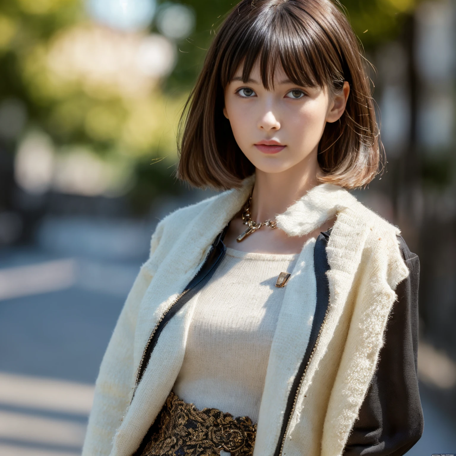 ((Medium chest, Bob Hare, small head)), Daylight, Sunlight, (well-defined abs: 1.1), (Perfect body: 1.1), (Bangs straight,Dark hair: 1.2), Russet Hair, Collar, chain, Full body photo, Shabby street, wearing a black tank top, White jacket, ((Highly detailed CG 8k wallpaper), (Extremely delicate and beautiful), (masutepiece), (Best Quality: 1.0), (Hyper-Resolution: 1.0), Beautiful lighting, Perfect Lightning, Realistic Shadows, [High resolution], detailed skins,45 yers old