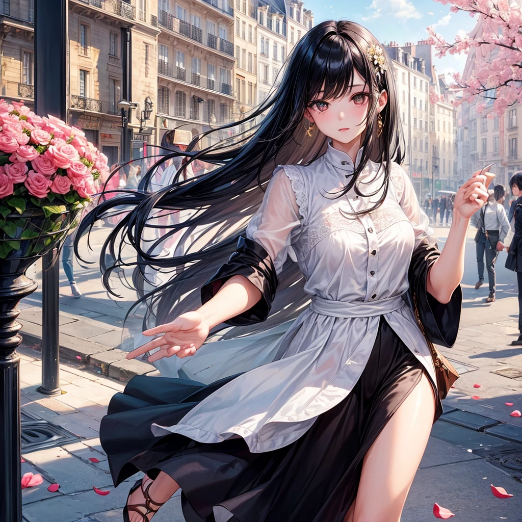 ((top-quality))、(1girl in、独奏)、(Black hair long straight)、(beautiful detailed slanted eyes)、face perfect、Staggered clothes、Streets of Paris、Smartphone in one hand、brown cat at my feet、flower petals、