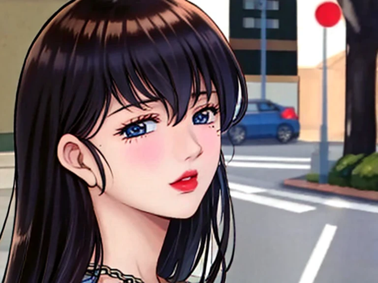 from side,bronze hair, long hair , bang, hair between eyes, blue eyes, hugr breasts, huge ass, curvie, exhibitionism, lewdness, mole under left eye, on the street, eye shadow, red lips, eyelashes, collar and chain,chain to camera, crawl on all fours, all fours, full body, masterpiece, top-quality,White underwear