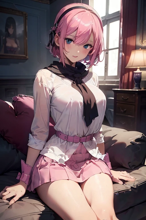 (masterpiece, best quality, 1girl, super model body, very slim body, thin, tall, super model body, ultra-detailed CG, 8k, high detailed, realistic, solo, intricate details), (short pink skirt), pink hair, hair over one eye, short hair, blue eyes, hair ornament, headphones, long sleeves, tattoo, pink dress, pink short skirt, dark violet cape, scarf, gloves, dress opened navel, hairband, ((sexy sharp face, allure, sexual face, aggressive, frowning)), oval face, flowers, white panties, cameltoe, shiny skin, head tilt, realistic, ((perfect symmetrical body)), (slim hip), slim thigh, ((inside castle:1.2, rock wall background, castle room, soft light, dawn light)), bloom, (sitting on the sofa), look at viewer,