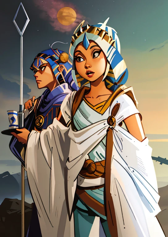 there are two people dressed in Star Wars costumes next to each other, rob rey and kentarõ miura, rob rey and kentarõ miura style, portrait of Ahsoka Tano, Ahsoka Tano, epic full color illustration, julie dillon, vestindo vestes jedi e um sari, Artgerm e Genzoman