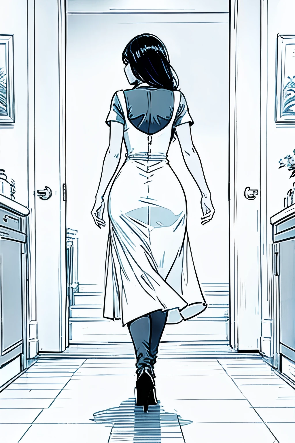 Sketch of a PLUS SIZE AND BEAUTIFUL WOMAN walking, picture from behind (corpo todo ) , fundo branco , VESTIDO Linha Arte Digital