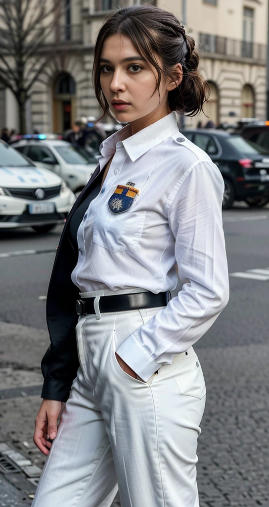 ((Best quality, 8k, Masterpiece: 1.3)), tranchant: 1.2, Perfect Body Beauty: 1.4, Abdominaux minces: 1.2, ((Layered Hairstyle, gros seins: 1.2)), (wet White Button Long Shirt: 1.1), (Voiture de police pare-balles, rue: 1.2), wet: 1.5, very detailed face and skin texture, detailled eyes, 双眼皮, side facing the camera, Uniforme de police blanc, Grande silhouette, Insignia of the Army, Gilet pare-balles, interphone, Pistolet pointé sur la caméra Femmes soldats, fully armed, Pantalon en cuir ????, Special Forces, agents
