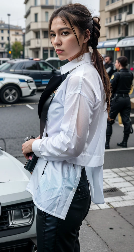 ((Best quality, 8k, Masterpiece: 1.3)), tranchant: 1.2, Perfect Body Beauty: 1.4, Abdominaux minces: 1.2, ((Layered Hairstyle, gros seins: 1.2)), (wet White Button Long Shirt: 1.1), (Voiture de police pare-balles, rue: 1.2), wet: 1.5, very detailed face and skin texture, detailled eyes, 双眼皮, side facing the camera, Uniforme de police blanc, Grande silhouette, Insignia of the Army, Gilet pare-balles, interphone, Pistolet pointé sur la caméra Femmes soldats, fully armed, Pantalon en cuir noir, Special Forces, agents