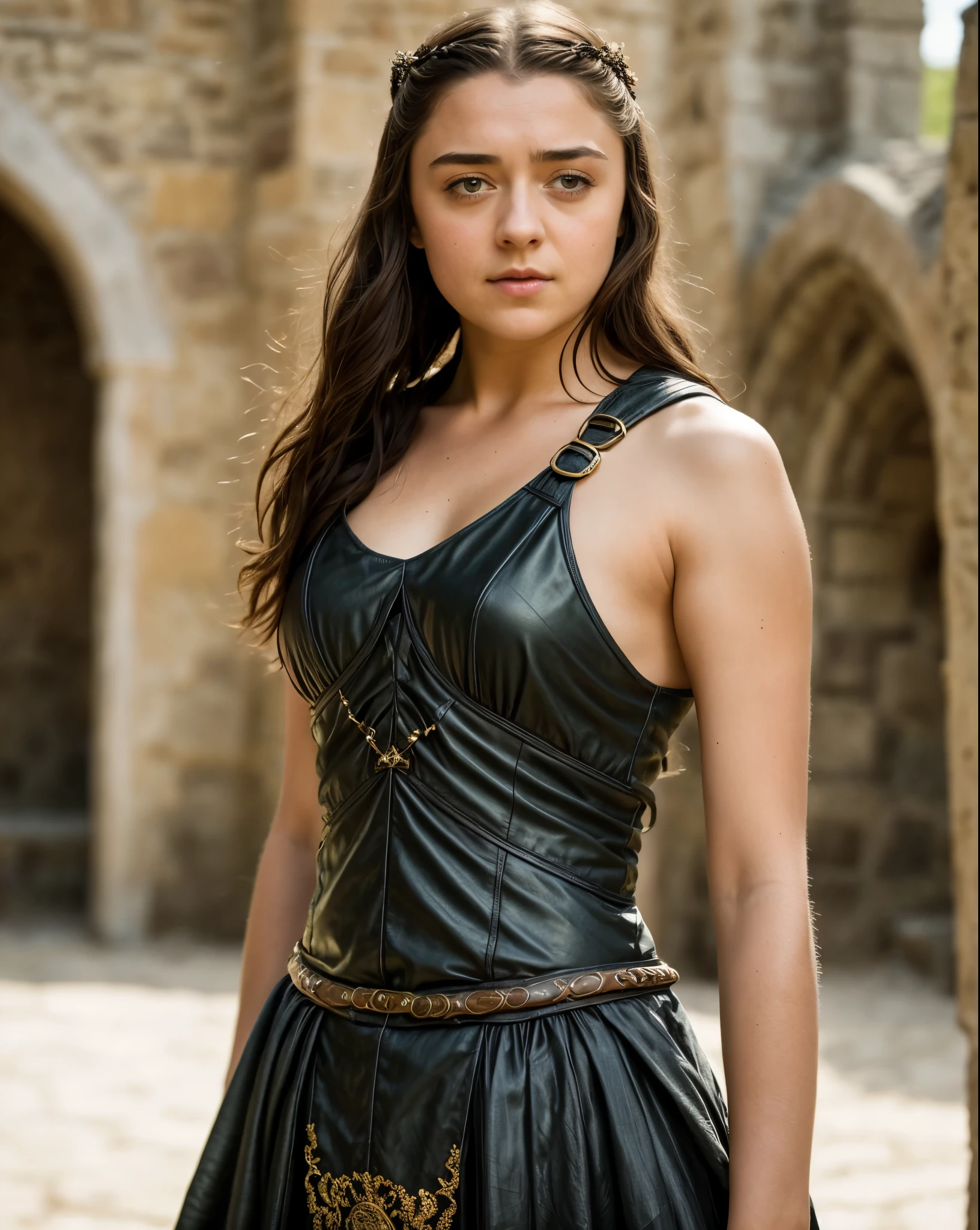 Foto RAW, Arya Stark, Extremely gorgeous lady, Arya Stark PLAYED BY MAISIE WILLIAMS, Queen Arya Stark, she is a mature woman now, milf, pierced eyes, sexy mediaeval battle dress, gladiator woman, body, 45 years old Woman, body revealing costumes, perky breast, big natural breast, erotic costumes, lusty physique, seductive figure can capture every people's attention, Game of thrones costumes, revealing captivating figure, Mediaeval costumes, revealing clothes, A tomboy, she would rather fence than dance, warrior queen , game of thrones screen caps, Game of Thrones Series, (pele altamente detalhada: 1.2), 8k UHD, DSLR, soft-lighting, alta qualidade, grain of film, Fujifilm XT3, flawless picture, highly detailed, detailed Beauty, intricate, 32k, sharp picture, detailed armpits, armpits hair, armps up, arms wide open, sweaty body, sweat,