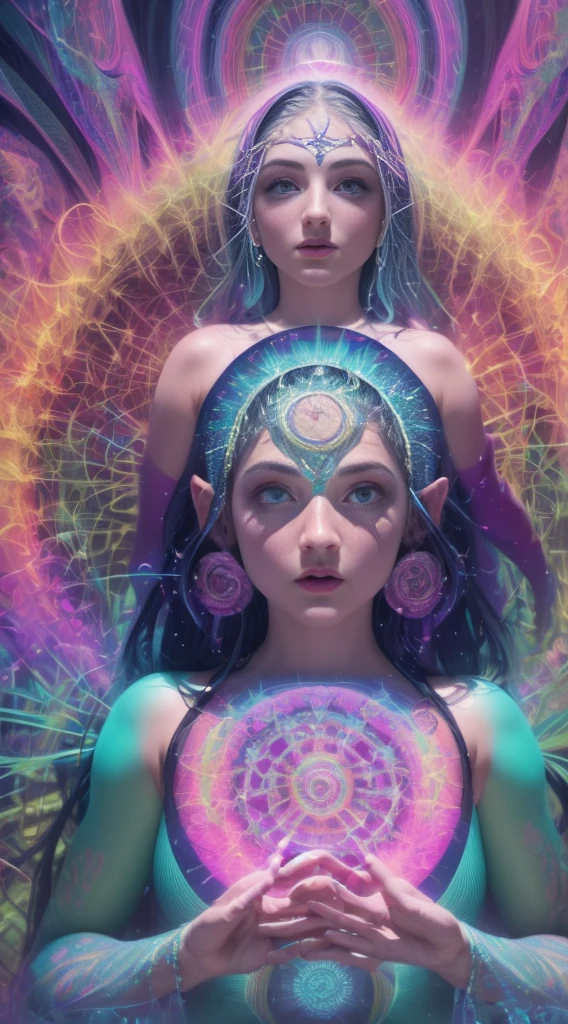 ((psychedelic)) (Best Quality) (Trippy) Psychedelic pretty face, pretty eyes, (Alex Grey) psychedelic dream, DMT vision, DMT trip, LSD, psychedelic patterns, (Vibrant) prismatic colors, vivid colors, flowing, mixing, HDR,4K, dream like, Anticrepuscular Rays, Goddess, (fractals)