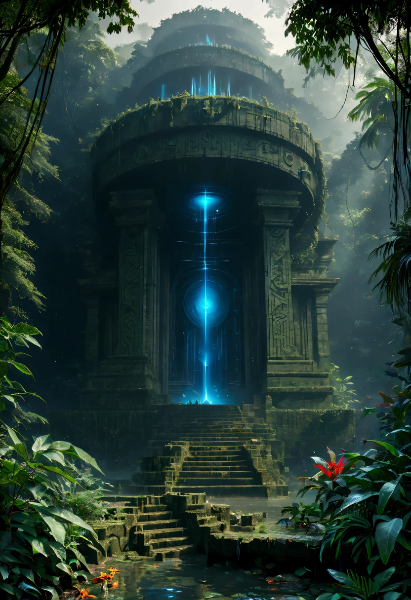Alien civilization ruins,Alien Glyph Totem,The mottled stone walls are carved with strange patterns, 诡异的magia力量, unknown cosmic energy,((Dark)),epic,8K,dream-like,ultra - detailed,magia, Cast spells,black hole,threatening,Ridiculous resources,Abyssal,magia Circle,Excess energy,sci-fy,Abyssaltech,dark energy,Ethereal,solution,ssee-through,Abyss,Anti-tech,sci-fy,Pure energy,Cybernetic eyes, Scan grid, epic, Octagon rendering, Heavy rain is a stunning close-up , (tmasterpiece: 1.3), (8K, realistically, RAW photos, Best quality: 1.4), Damp rainat a forest,at a forest,jungles,There is heavy rainfall,Surrounded by vines,giant and wet trees,(jungles阴暗潮湿:1.8),There are swamps on the ground,There was an air of obstruction in the woods,Spooky poisonous bugreathtaking at a forest scene,Cast a golden glow on the at a forest floor。Stream flowing over mossy rocks,Create a dangerous atmosphere。Delicate branches decorated with vibrant flowers and leaves,Add a touch of color to your scene,The cosmic energy field emits blue light,Dim lights illuminate the surroundings。Soft melody fills the aiscinating, High quality illustrationtiz,and pay attention to the finest details and realistic shadows,((郁郁葱葱的jungles / oases / Alien civilization ruins)),iintricate,The content is very detailed,Anders Zorn,Sophie Anderson,Leah Kuvkhinov