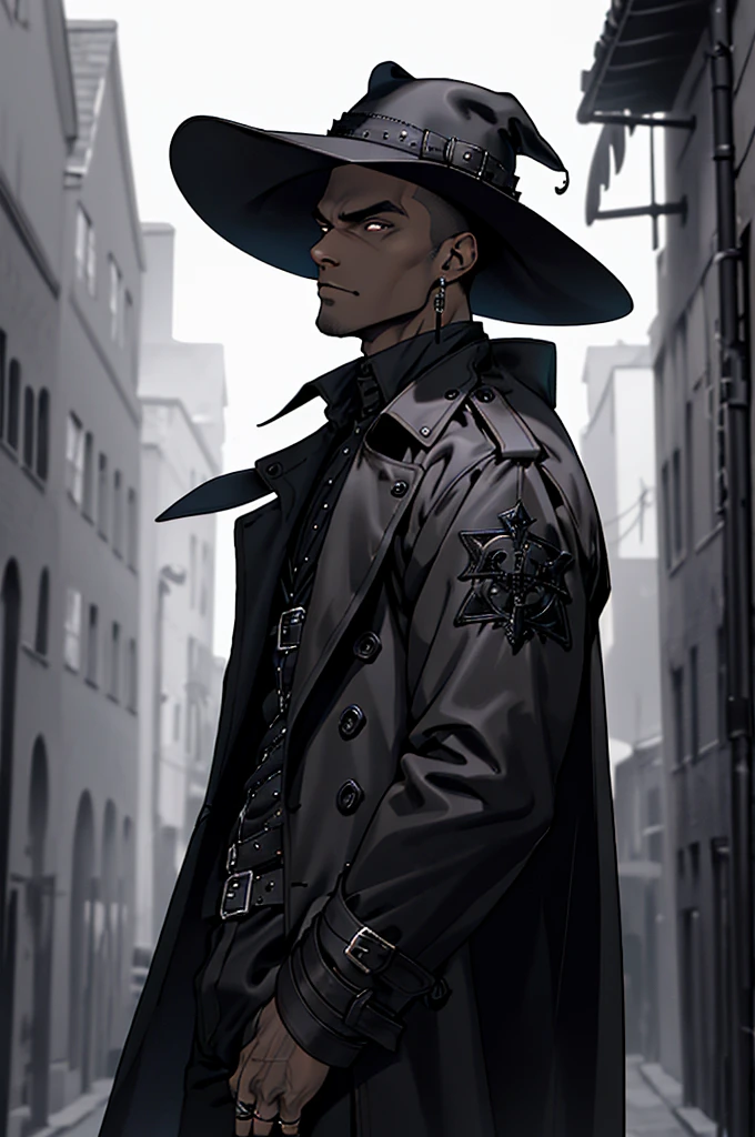 1man, brown skinned, buzz cut, gothic black hat, wearing black gothic trench coat, wearing black jeans, gothic aesthetic, high details, 4K, high quality