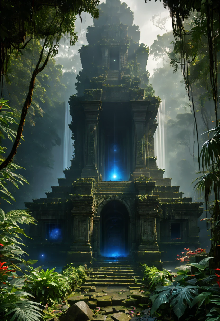 Alien civilization ruins,Alien Glyph Totem,The mottled stone walls are carved with strange patterns, 诡异的magia力量, unknown cosmic energy,((Dark)),epic,8K,dream-like,ultra - detailed,magia, Cast spells,black hole,threatening,Ridiculous resources,Abyssal,magia Circle,Excess energy,sci-fy,Abyssaltech,dark energy,Ethereal,solution,ssee-through,Abyss,Anti-tech,sci-fy,Pure energy,Cybernetic eyes, Scan grid, epic, Octagon rendering, Heavy rain is a stunning close-up , (tmasterpiece: 1.3), (8K, realistically, RAW photos, Best quality: 1.4), Damp rainat a forest,at a forest,jungles,There is heavy rainfall,Surrounded by vines,giant and wet trees,(jungles阴暗潮湿:1.8),There are swamps on the ground,There was an air of obstruction in the woods,Spooky poisonous bugreathtaking at a forest scene,Cast a golden glow on the at a forest floor。Stream flowing over mossy rocks,Create a dangerous atmosphere。Delicate branches decorated with vibrant flowers and leaves,Add a touch of color to your scene,The cosmic energy field emits blue light,Dim lights illuminate the surroundings。Soft melody fills the aiscinating, High quality illustrationtiz,and pay attention to the finest details and realistic shadows,((郁郁葱葱的jungles / oases / Alien civilization ruins)),iintricate,The content is very detailed,Anders Zorn,Sophie Anderson,Leah Kuvkhinov