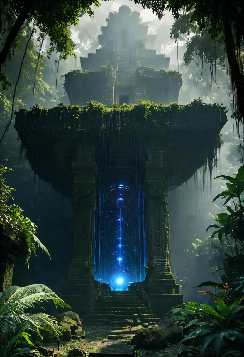 Alien civilization ruins,Alien Glyph Totem,The mottled stone walls are carved with strange patterns, 诡异的magia力量, unknown cosmic energy，((Dark)),epic,8K,dream-like,ultra - detailed,magia, Cast spells,black hole,threatening,Ridiculous resources,Abyssal,magia Circle,Excess energy,sci-fy,Abyssaltech,dark energy,Ethereal,solution,ssee-through,Abyss,Anti-tech,sci-fy,Pure energy,Cybernetic eyes, Scan grid, epic, Octagon rendering, Heavy rain is a stunning close-up ， (tmasterpiece: 1.3), (8K, realistically, RAW photos, Best quality: 1.4), Damp rainat a forest,at a forest,jungles，There is heavy rainfall，Surrounded by vines，giant and wet trees，(jungles阴暗潮湿:1.8),There are swamps on the ground,There was an air of obstruction in the woods，Spooky poisonous bugreathtaking at a forest scene，Cast a golden glow on the at a forest floor。Stream flowing over mossy rocks，Create a dangerous atmosphere。Delicate branches decorated with vibrant flowers and leaves，Add a touch of color to your scene，The cosmic energy field emits blue light，Dim lights illuminate the surroundings。Soft melody fills the aiscinating, High quality illustrationtiz，and pay attention to the finest details and realistic shadows,((郁郁葱葱的jungles / oases / Alien civilization ruins)),iintricate,The content is very detailed,Anders Zorn,Sophie Anderson,Leah Kuvkhinov