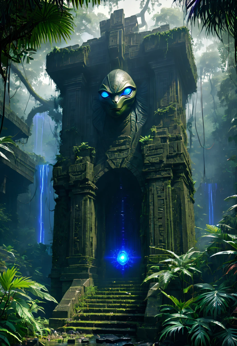 Alien civilization ruins,Alien Glyph Totem,The mottled stone walls are carved with strange patterns, 诡异的magia力量, unknown cosmic energy,((Dark)),epic,8K,dream-like,ultra - detailed,magia, Cast spells,black hole,threatening,Ridiculous resources,Abyssal,magia Circle,Excess energy,sci-fy,Abyssaltech,dark energy,Ethereal,solution,ssee-through,Abyss,Anti-tech,sci-fy,Pure energy,Cybernetic eyes, Scan grid, epic, Octagon rendering, Heavy rain is a stunning close-up , (tmasterpiece: 1.3), (8K, realistically, RAW photos, Best quality: 1.4), Damp rainat a forest,at a forest,jungles,There is heavy rainfall,Surrounded by vines,giant and wet trees,(jungles阴暗潮湿:1.8),There are swamps on the ground,There was an air of obstruction in the woods,Spooky poisonous bugreathtaking at a forest scene,Cast a golden glow on the at a forest floor。Stream flowing over mossy rocks,Create a dangerous atmosphere。Delicate branches decorated with vibrant flowers and leaves,Add a touch of color to your scene,The cosmic energy field emits blue light,Dim lights illuminate the surroundings。Soft melody fills the aiscinating, High quality illustrationtiz,and pay attention to the finest details and realistic shadows,((郁郁葱葱的jungles / oases / Alien civilization ruins)),iintricate,The content is very detailed,Anders Zorn,Sophie Anderson,Leah Kuvkhinov