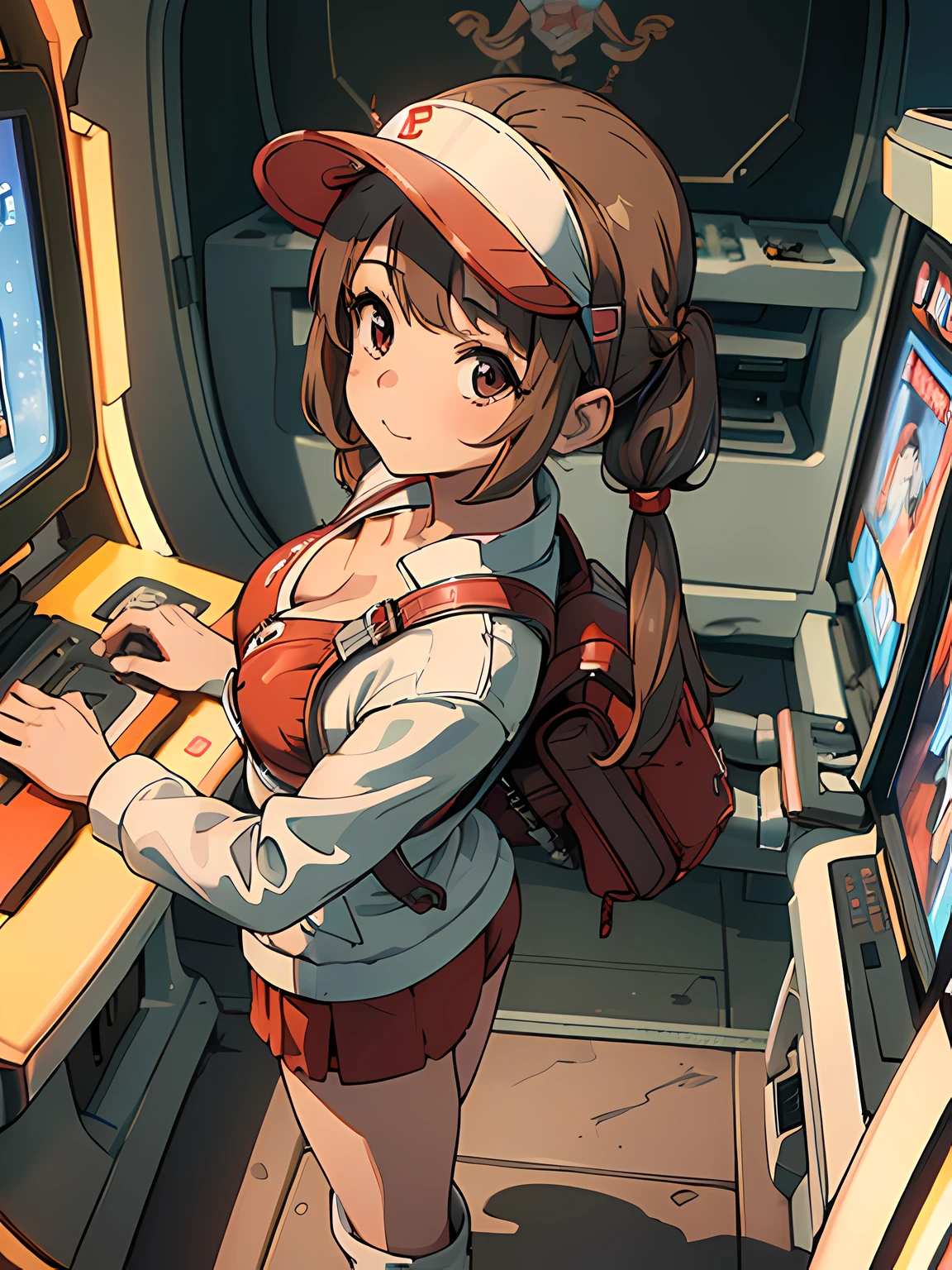 ((masutepiece, Best Quality, ultra-detailliert, 8K)), 1girl in, Solo, medium shot, From above, Stunning cute girl, ultra-detailliert face, ultra-detailliert eyes, Light brown twintail hair with bangs, ivory and red bikini、With Jacket, visor, long boots, backpack, Play arcade games at an amusement center