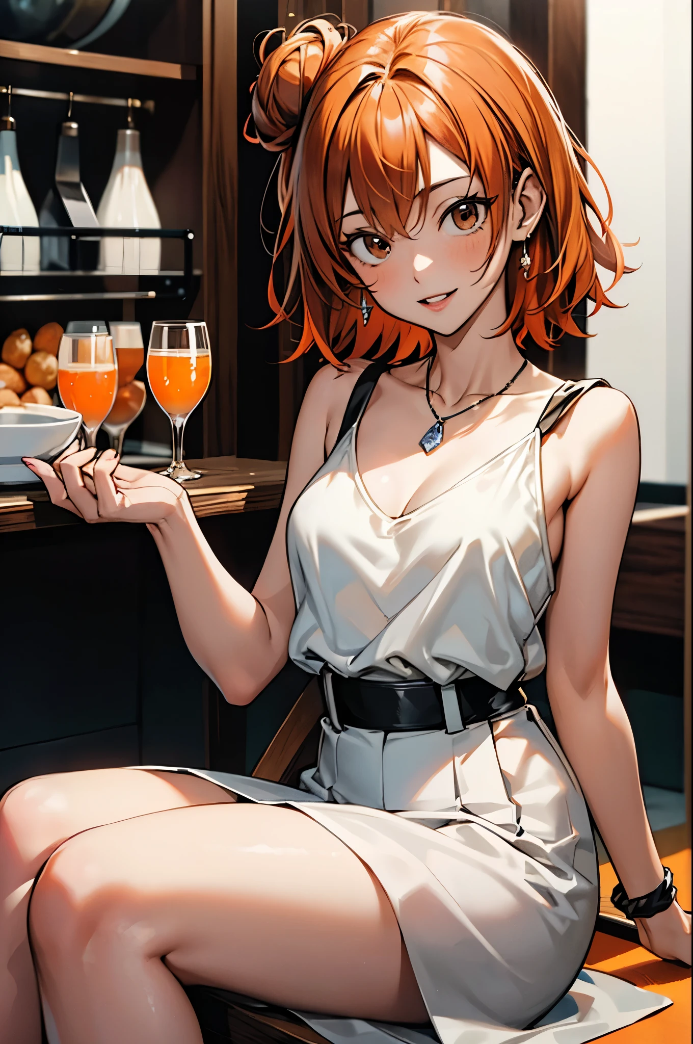 woman, red-faced, stylish, drunk, delighted, tavern,