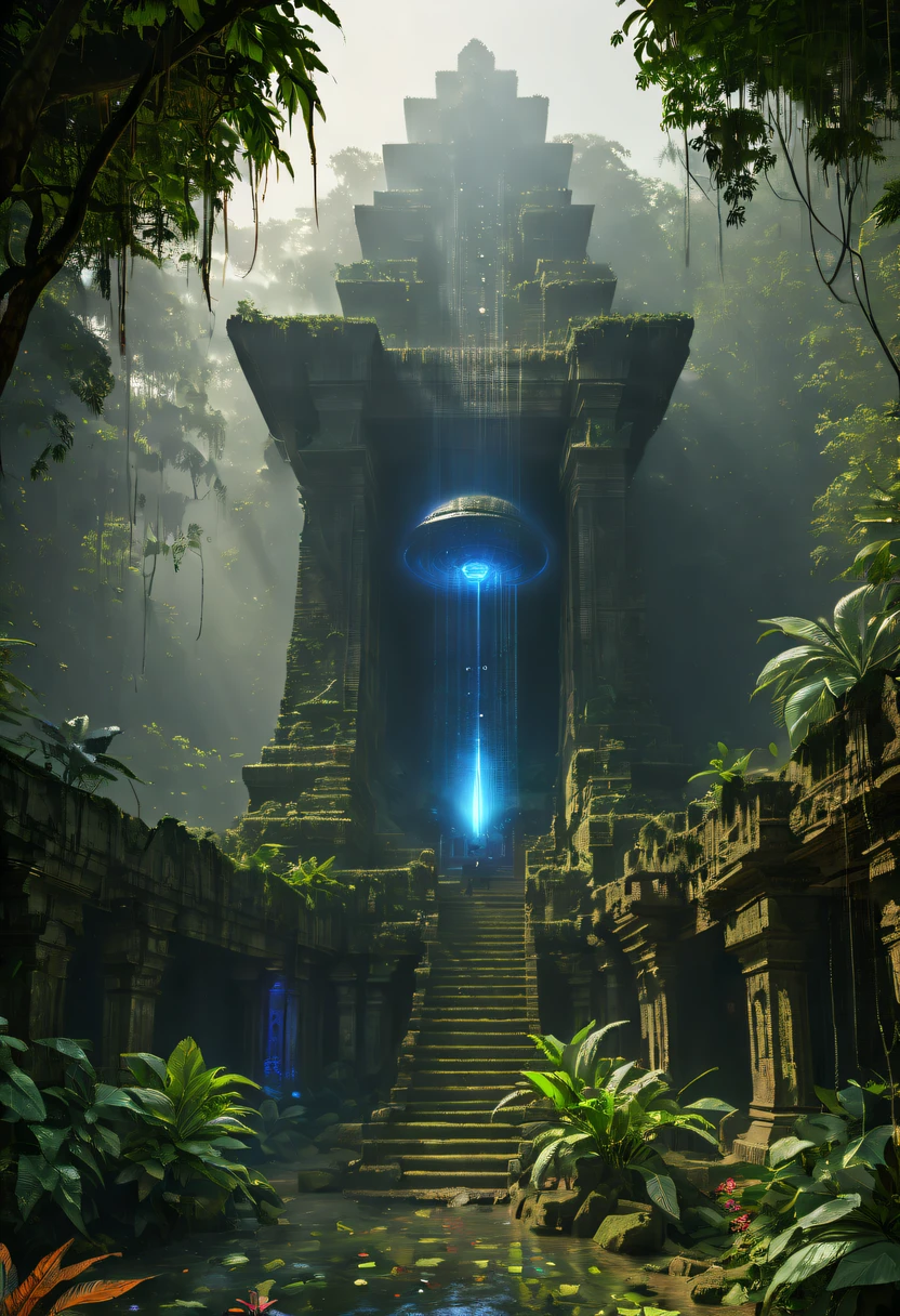 Alien civilization ruins,Alien Glyph Totem,The mottled stone walls are carved with strange patterns, 诡异的magia力量, unknown cosmic energy,((Dark)),epic,8K,dream-like,ultra - detailed,magia, Cast spells,black hole,threatening,Ridiculous resources,Abyssal,magia Circle,Excess energy,sci-fy,Abyssaltech,dark energy,Ethereal,solution,ssee-through,Abyss,Anti-tech,sci-fy,Pure energy,Cybernetic eyes, Scan grid, epic, Octagon rendering, Heavy rain is a stunning close-up , (tmasterpiece: 1.3), (8K, realistically, RAW photos, Best quality: 1.4), Damp rainat a forest,at a forest,jungles,There is heavy rainfall,Surrounded by vines,giant and wet trees,(jungles阴暗潮湿:1.8),There are swamps on the ground,There was an air of obstruction in the woods,Spooky poisonous bugreathtaking at a forest scene,Cast a golden glow on the at a forest floor。Stream flowing over mossy rocks,Create a dangerous atmosphere。Delicate branches decorated with vibrant flowers and leaves,Add a touch of color to your scene,The cosmic energy field emits blue light,Dim lights illuminate the surroundings。Soft melody fills the aiscinating, High quality illustrationtiz,and pay attention to the finest details and realistic shadows,((郁郁葱葱的jungles / oases / Alien civilization ruins)),iintricate,The content is very detailed,Anders Zorn,Sophie Anderson,Leah Kuvkhinov