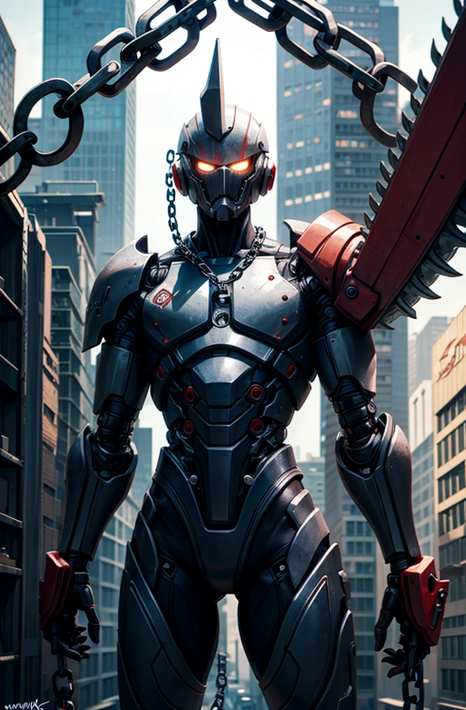 Dark_Fantasy,Cyberpunk,(chain saw,chain saw man,Red:1.1),1man,Mechanical marvel,Robotic presence,Cybernetic guardian,