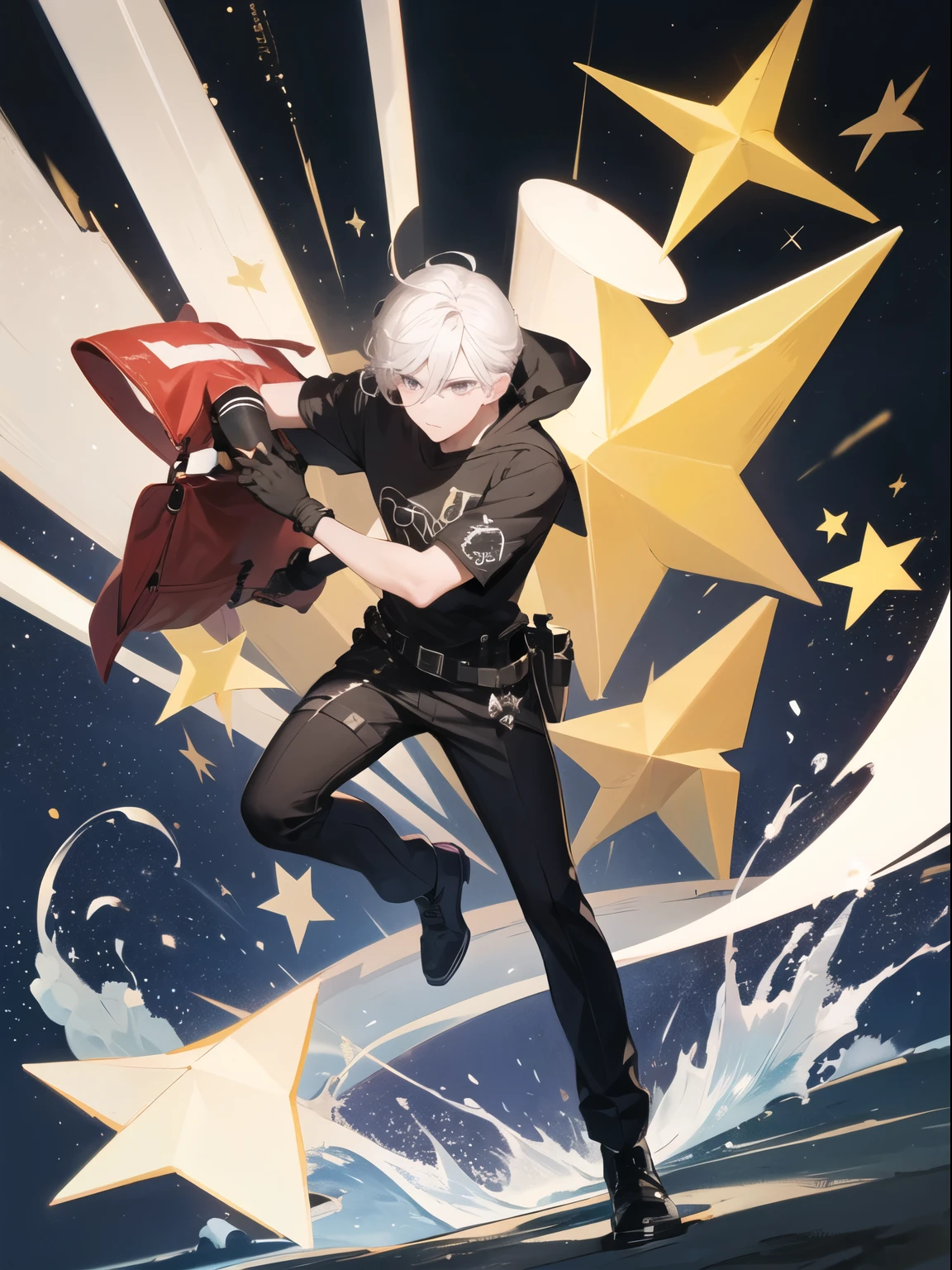 1boy, grey eyes, white hair, bags under the eyes, serious face, black T-shirt, black gloves with fingers, hand signs, stars background, full body