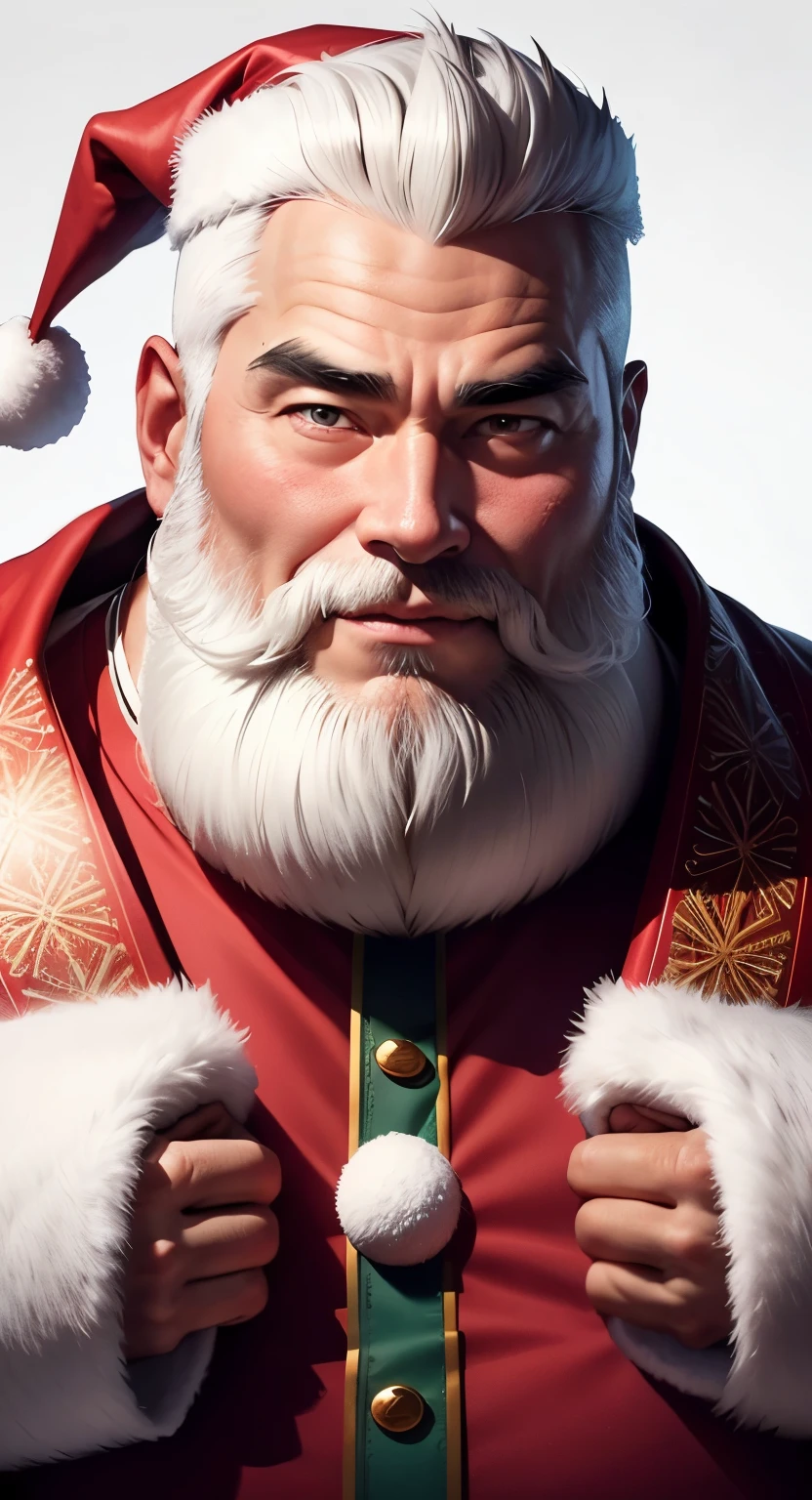 Ancient generals wore Santa Claus clothes ，White beard、Strong body，Belly fat，ice background，40歳中年male people，male people，He is about 40 years old，Thick eyebrows, Big eyes，opens his eyes wide，With a smile，Gentle expression，Give gifts，musculature，
