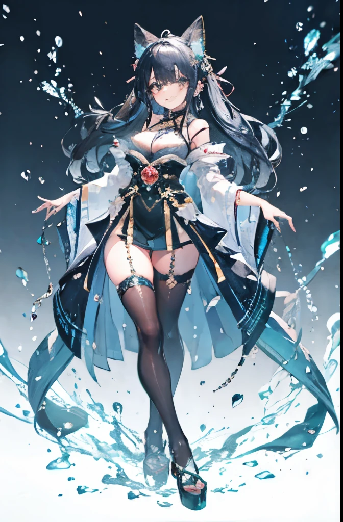 cute (20 years old) japanese with cute wide face with puffy cheeks, ((eyelashes)), (expressive eyes), toothy smile, ((mascara)), big bright opened green eyes, blushing:1.5, sweating:1.2, slim waist, wide hips, [skinny], skin texture, thick thighs,(full body:1.5),busty:1.2, long:1.5 curly:1.5, black, hair , she is wearing  elaborated tights (intricate details), and dark blue  elaborated cheongasm,
break
 dynamic pose:1.1,  standing,head tilt
break 
 {masterpiece}, ultra detailed, from below,8k, hd, chiaroscuro , lighting by lanterns