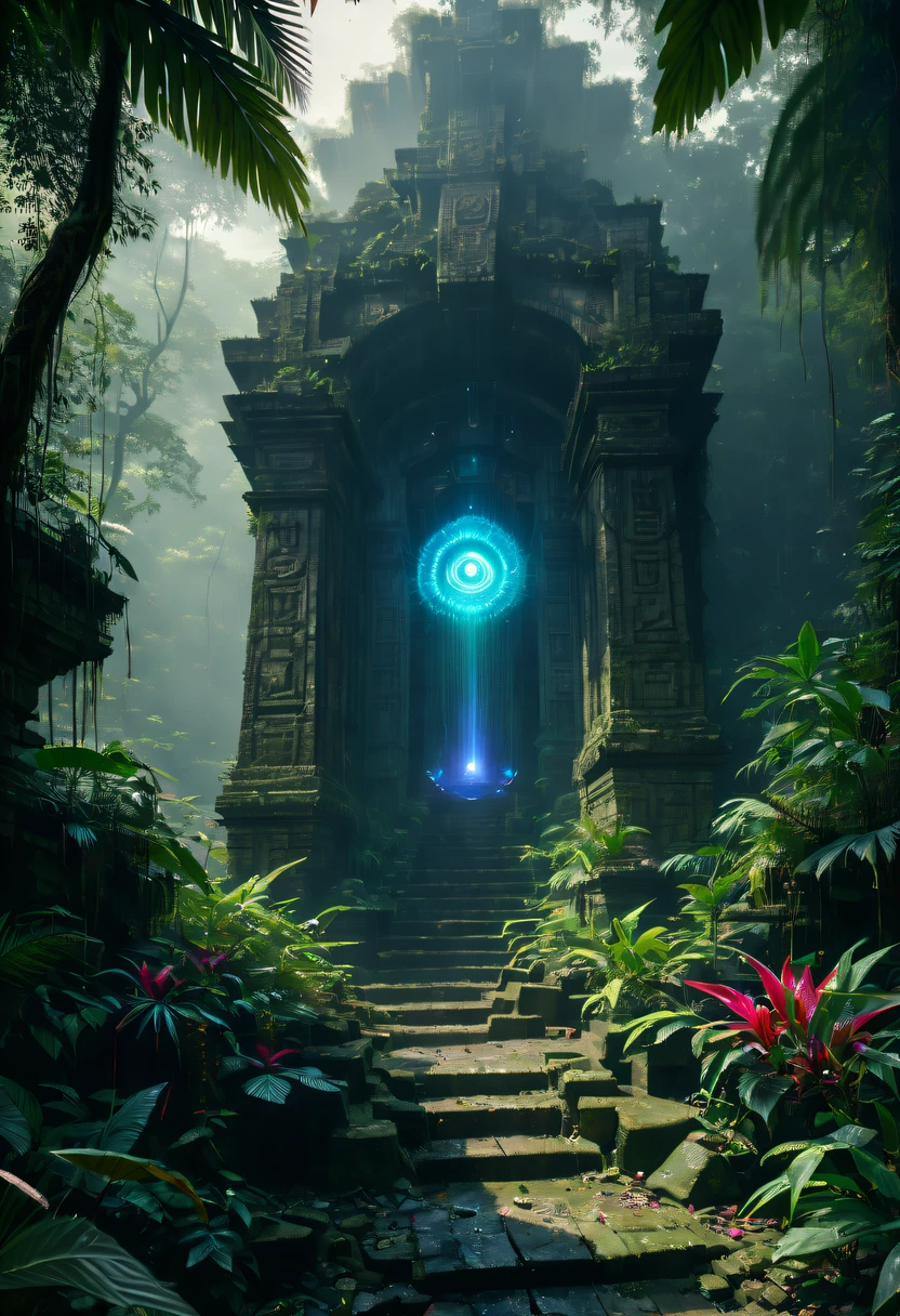 Alien civilization ruins,Alien Glyph Totem,The mottled stone walls are carved with strange patterns, 诡异的magia力量, unknown cosmic energy，((Dark)),epic,8K,dream-like,ultra - detailed,magia, Cast spells,black hole,threatening,Ridiculous resources,Abyssal,magia Circle,Excess energy,sci-fy,Abyssaltech,dark energy,Ethereal,solution,ssee-through,Abyss,Anti-tech,sci-fy,Pure energy,Cybernetic eyes, Scan grid, epic, Octagon rendering, Heavy rain is a stunning close-up ， (tmasterpiece: 1.3), (8K, realistically, RAW photos, Best quality: 1.4), Damp rainat a forest,at a forest,jungles，There is heavy rainfall，Surrounded by vines，giant and wet trees，(jungles阴暗潮湿:1.8),There are swamps on the ground,There was an air of obstruction in the woods，Spooky poisonous bugreathtaking at a forest scene，Cast a golden glow on the at a forest floor。Stream flowing over mossy rocks，Create a dangerous atmosphere。Delicate branches decorated with vibrant flowers and leaves，Add a touch of color to your scene，The cosmic energy field emits blue light，Dim lights illuminate the surroundings。Soft melody fills the aiscinating, High quality illustrationtiz，and pay attention to the finest details and realistic shadows,((郁郁葱葱的jungles / oases / Alien civilization ruins)),iintricate,The content is very detailed,Anders Zorn,Sophie Anderson,Leah Kuvkhinov