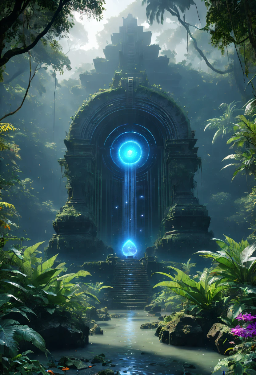 Alien civilization ruins,Alien Glyph Totem, future-tech, 诡异的magia力量, unknown cosmic energy,((Dark)),epic,8K,Fantastical,ultra - detailed,magia, Cast spells,black hole,threatening,Ridiculous resources,Abyssal,magia Circle,Excess energy,sci-fy,Abyssaltech,dark energy,Ethereal,solution,ssee-through,Abyss,Anti-tech,sci-fy,Pure energy,Cybernetic eyes, Scan grid, epic, Octagonal rendering, Heavy rain is a stunning close-up , (tmasterpiece: 1.3), (8K, realistically, RAW photogr, Best quality at best: 1.4), Damp rainat a forest,at a forest,jungles,There is heavy rainfall,Surrounded by vines,giant and wet trees,(jungles阴暗潮湿:1.8),There are swamps on the ground,There was an air of obstruction in the woods,Spooky poisonous bugreathtaking at a forest scene,Cast a golden glow on the at a forest floor。Stream flowing over mossy rocks,Create a dangerous atmosphere。Delicate branches decorated with vibrant flowers and leaves,Add a touch of color to your scene,The cosmic energy field emits blue light,Dim lights illuminate the surroundings。Soft melody fills the air,Mesmerizing, high-quality illustrations,and pay attention to the finest details and realistic shadows,((郁郁葱葱的jungles / oases / Alien civilization ruins)),iintricate,The content is very detailed,Anders Zorn,Sophie Anderson,Leah Kuvkhinov