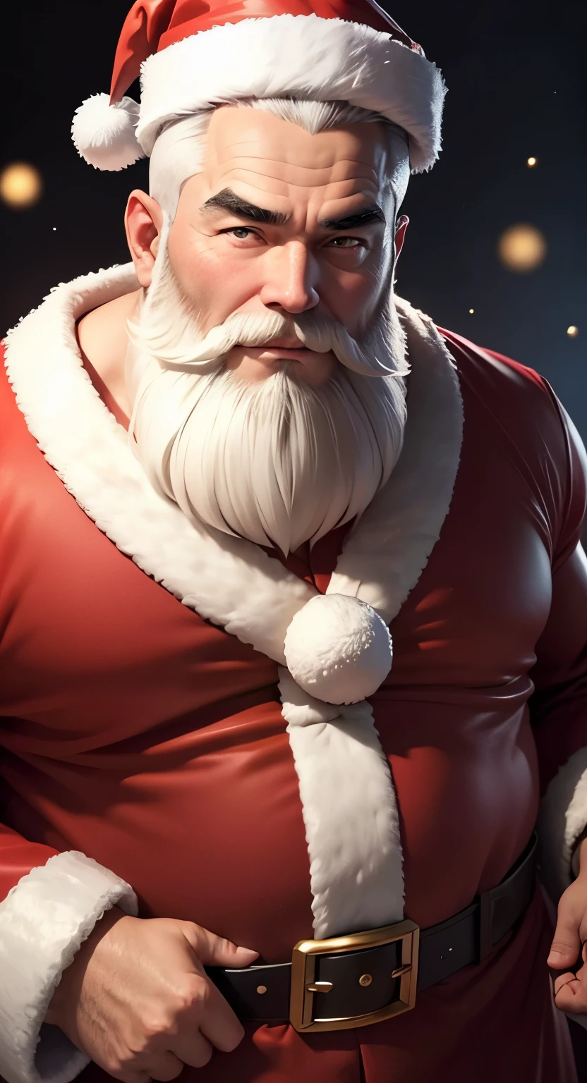 Ancient generals wore Santa Claus clothes ,White beard、Strong body,Belly fat,ice background,40歳中年male people,male people,He is about 40 years old,Thick eyebrows, Big eyes,opens his eyes wide,With a smile,Gentle expression,Give gifts,musculature,