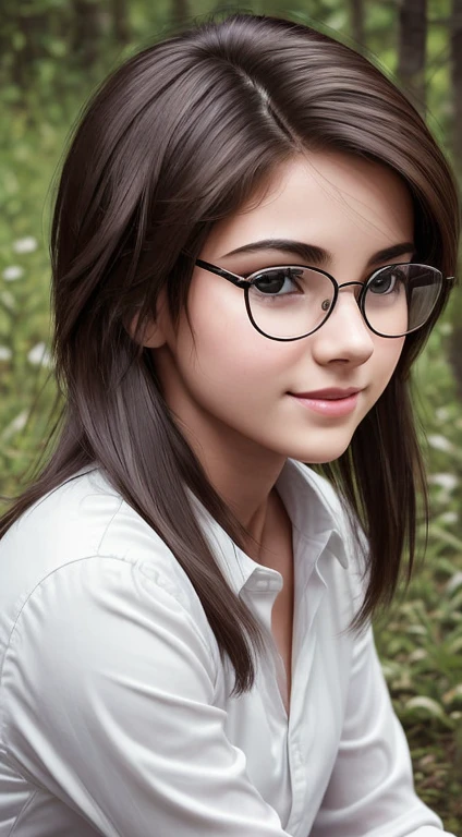 Realistic monochrome photography, Film grain, photo paper texture, tmasterpiece, USSR style background environment; beautiful modest shy girl 18 years old; Very small beautiful realistic breasts, beautiful large erect realistic nipples; beautiful proportional round wide face, round cheeks (A slight blush), Round chin; Large shiny dark brown eyes, long eyelashes, glasses with lenses (image distortion through lenses, reflections of light on lenses); beautiful proportional small wide nose; ideal proportional trained muscular body, tanned velvety skin; aesthetic completeness; Natural body hair (hairs, armpit hair growth); High quality realistic human skin texture (pores, Mimic folds, barely noticeable wrinkles); slightly wavy beautiful medium length brown tousled hair (80s punk hairstyle); Serious, A curious look, slightly parted sensual plump lips, playful pleasant smile; white silk uniform shirt with the top button undone, jeans, Hiking Boots; free position of the subject in space, Free pose; full body photographed; natural lightin, High-quality clothing textures, high-quality textures of environmental objects, (intricate environmental details, A lot of small details of the environment), increased texture realism; the quality of image rendering corresponds to a photograph from a SLR camera. Absolute ban on NSFW.