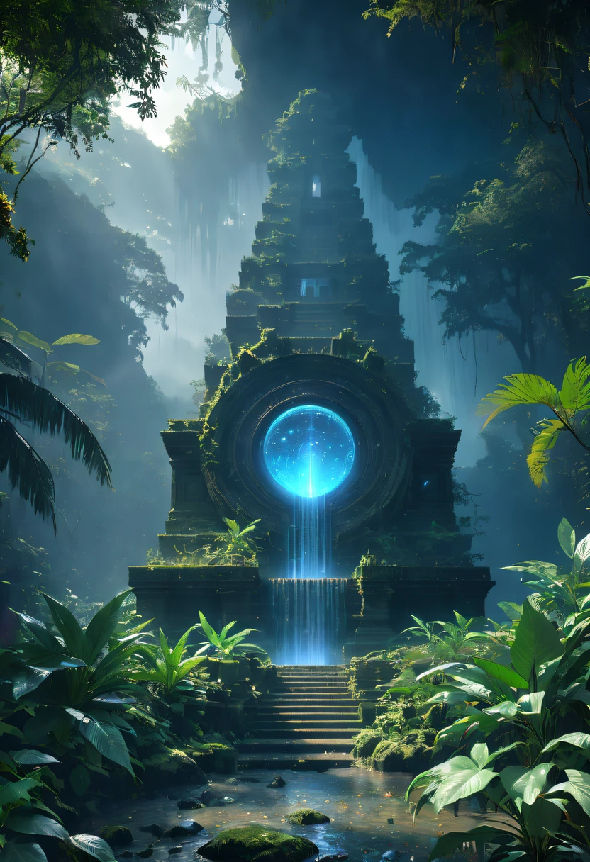 Alien civilization ruins,Alien Glyph Totem, future-tech, 诡异的magia力量, unknown cosmic energy，((Dark)),epic,8K,Fantastical,ultra - detailed,magia, Cast spells,black hole,threatening,Ridiculous resources,Abyssal,magia Circle,Excess energy,sci-fy,Abyssaltech,dark energy,Ethereal,solution,ssee-through,Abyss,Anti-tech,sci-fy,Pure energy,Cybernetic eyes, Scan grid, epic, Octagonal rendering, Heavy rain is a stunning close-up ， (tmasterpiece: 1.3), (8K, realistically, RAW photogr, Best quality at best: 1.4), Damp rainat a forest,at a forest,jungles，There is heavy rainfall，Surrounded by vines，giant and wet trees，(jungles阴暗潮湿:1.8),There are swamps on the ground,There was an air of obstruction in the woods，Spooky poisonous bugreathtaking at a forest scene，Cast a golden glow on the at a forest floor。Stream flowing over mossy rocks，Create a dangerous atmosphere。Delicate branches decorated with vibrant flowers and leaves，Add a touch of color to your scene，The cosmic energy field emits blue light，Dim lights illuminate the surroundings。Soft melody fills the air，Mesmerizing, high-quality illustrations，and pay attention to the finest details and realistic shadows,((郁郁葱葱的jungles / oases / Alien civilization ruins)),iintricate,The content is very detailed,Anders Zorn,Sophie Anderson,Leah Kuvkhinov