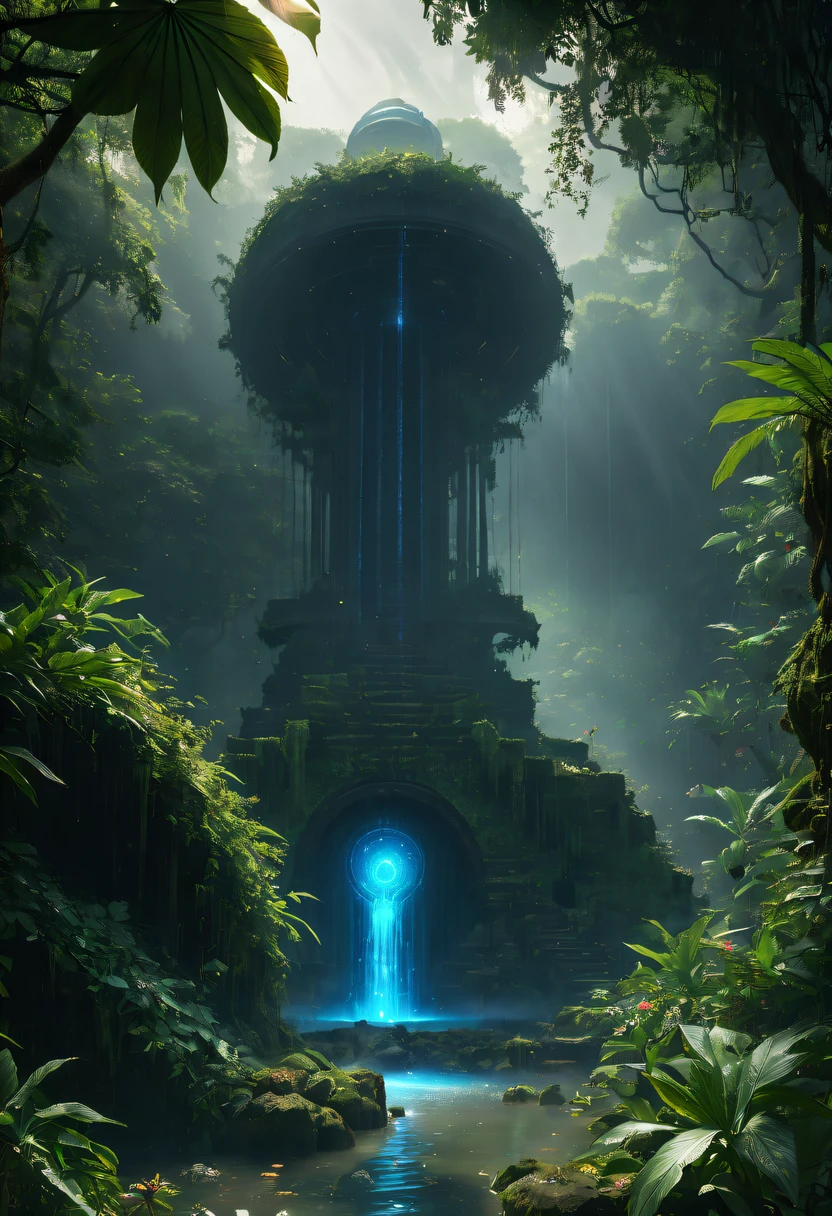 Alien civilization ruins,Alien Glyph Totem, future-tech, 诡异的magia力量, unknown cosmic energy,((Dark)),epic,8K,Fantastical,ultra - detailed,magia, Cast spells,black hole,threatening,Ridiculous resources,Abyssal,magia Circle,Excess energy,sci-fy,Abyssaltech,dark energy,Ethereal,solution,ssee-through,Abyss,Anti-tech,sci-fy,Pure energy,Cybernetic eyes, Scan grid, epic, Octagonal rendering, Heavy rain is a stunning close-up , (tmasterpiece: 1.3), (8K, realistically, RAW photogr, Best quality at best: 1.4), Damp rainat a forest,at a forest,jungles,There is heavy rainfall,Surrounded by vines,giant and wet trees,(jungles阴暗潮湿:1.8),There are swamps on the ground,There was an air of obstruction in the woods,Spooky poisonous bugreathtaking at a forest scene,Cast a golden glow on the at a forest floor。Stream flowing over mossy rocks,Create a dangerous atmosphere。Delicate branches decorated with vibrant flowers and leaves,Add a touch of color to your scene,The cosmic energy field emits blue light,Dim lights illuminate the surroundings。Soft melody fills the air,Mesmerizing, high-quality illustrations,and pay attention to the finest details and realistic shadows,((郁郁葱葱的jungles / oases / Alien civilization ruins)),iintricate,The content is very detailed,Anders Zorn,Sophie Anderson,Leah Kuvkhinov